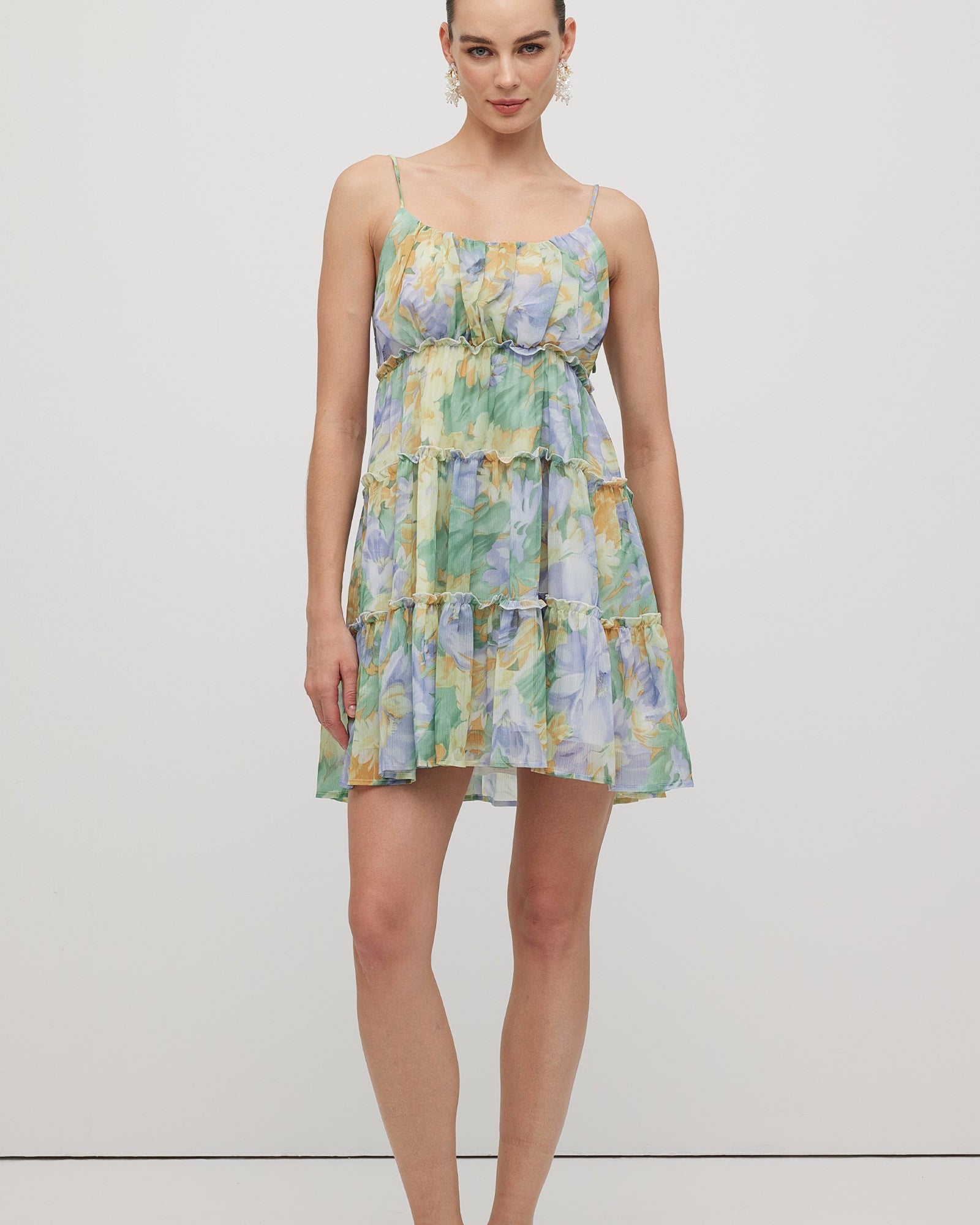 Çiçek Baskılı Fırfırlı Mini Elbise