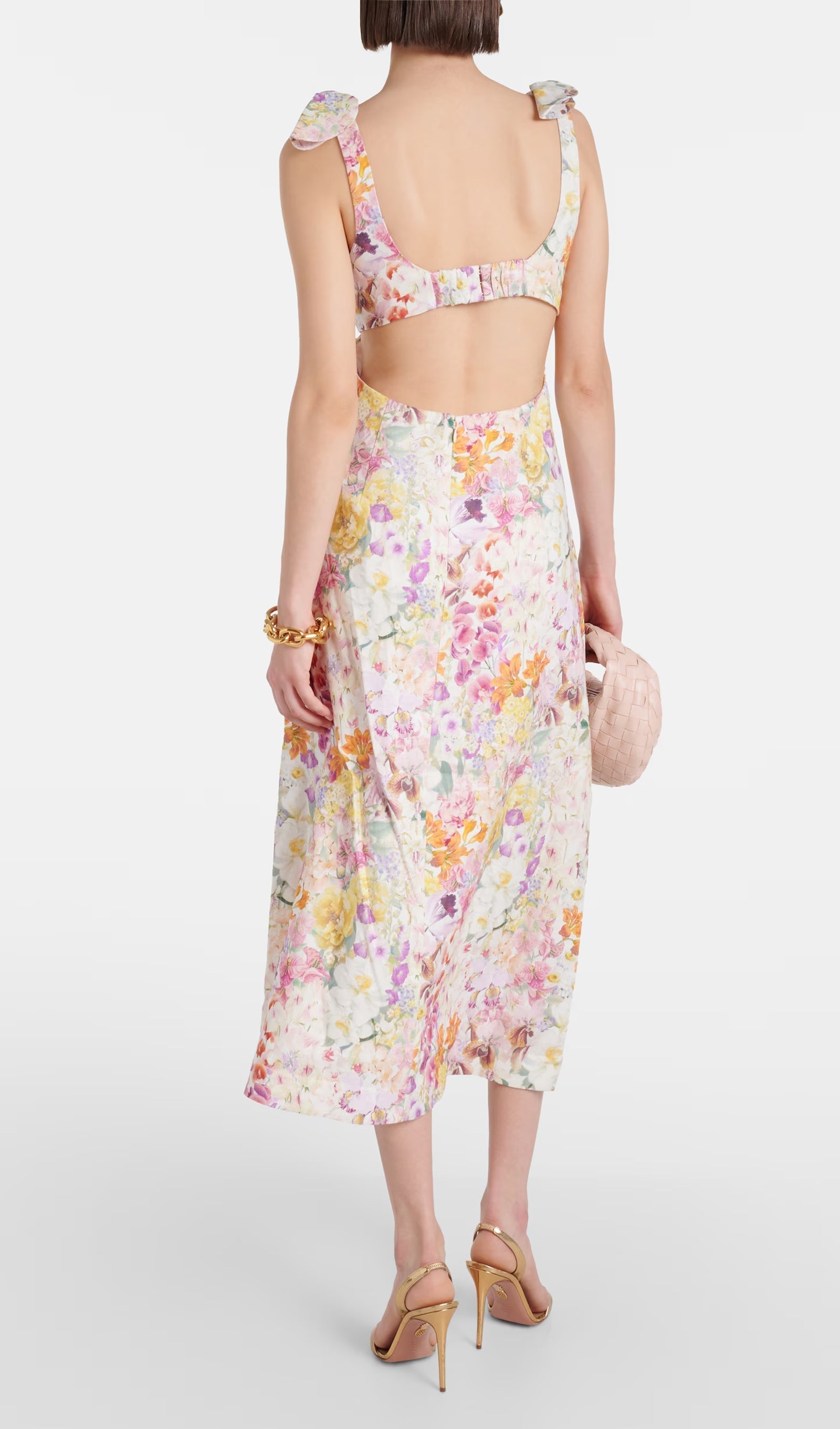 Çiçekli Bağcıklı Omuz Midi Elbise