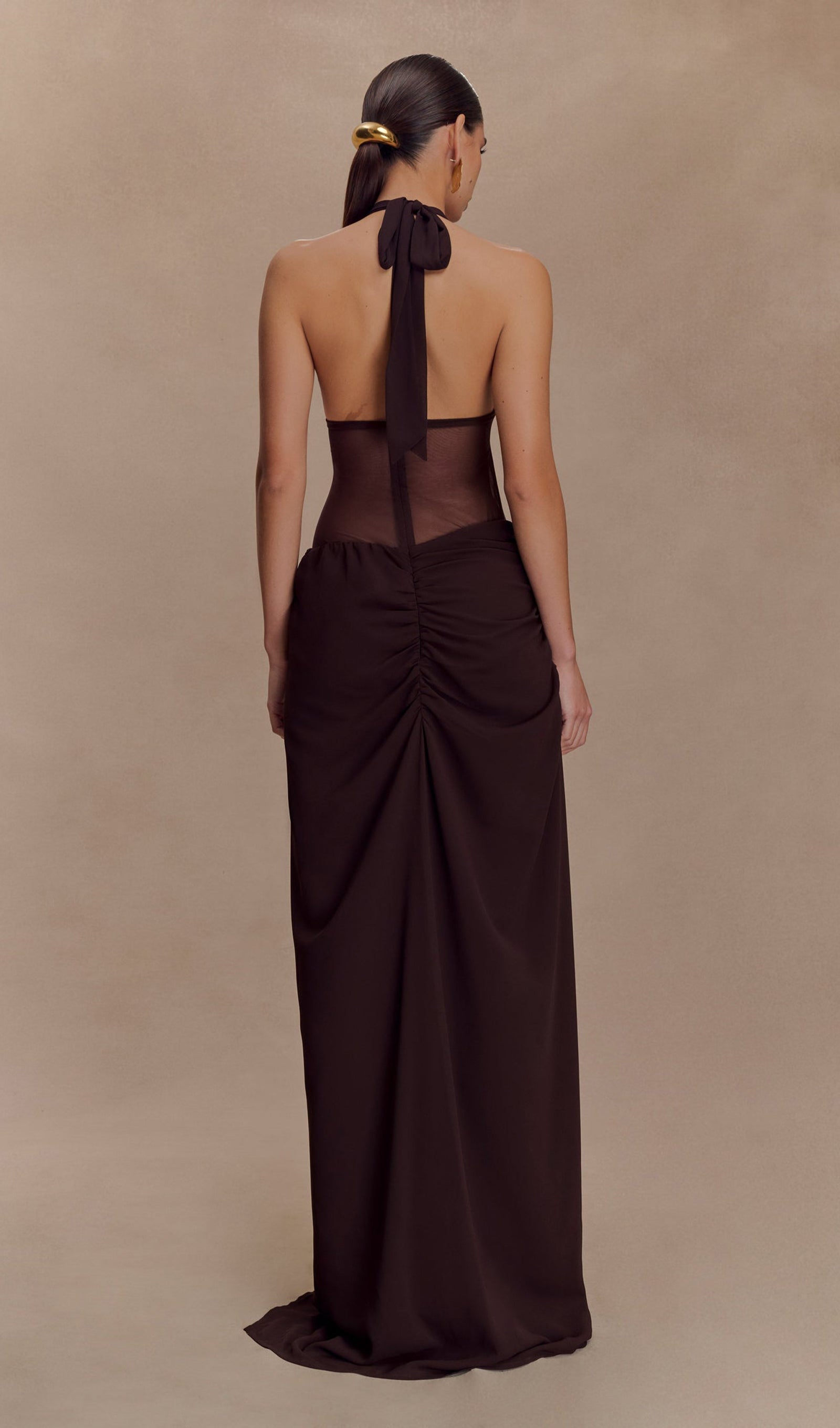 Koyu Çikolata Rengi Şifon Ve File Uzun Elbise