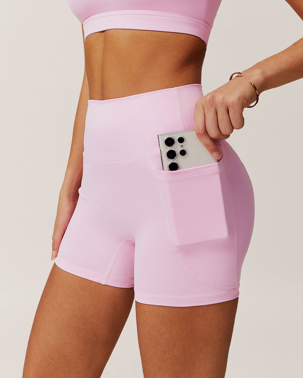 Pembe Cepli Yüksek Bel Yoga Şort
