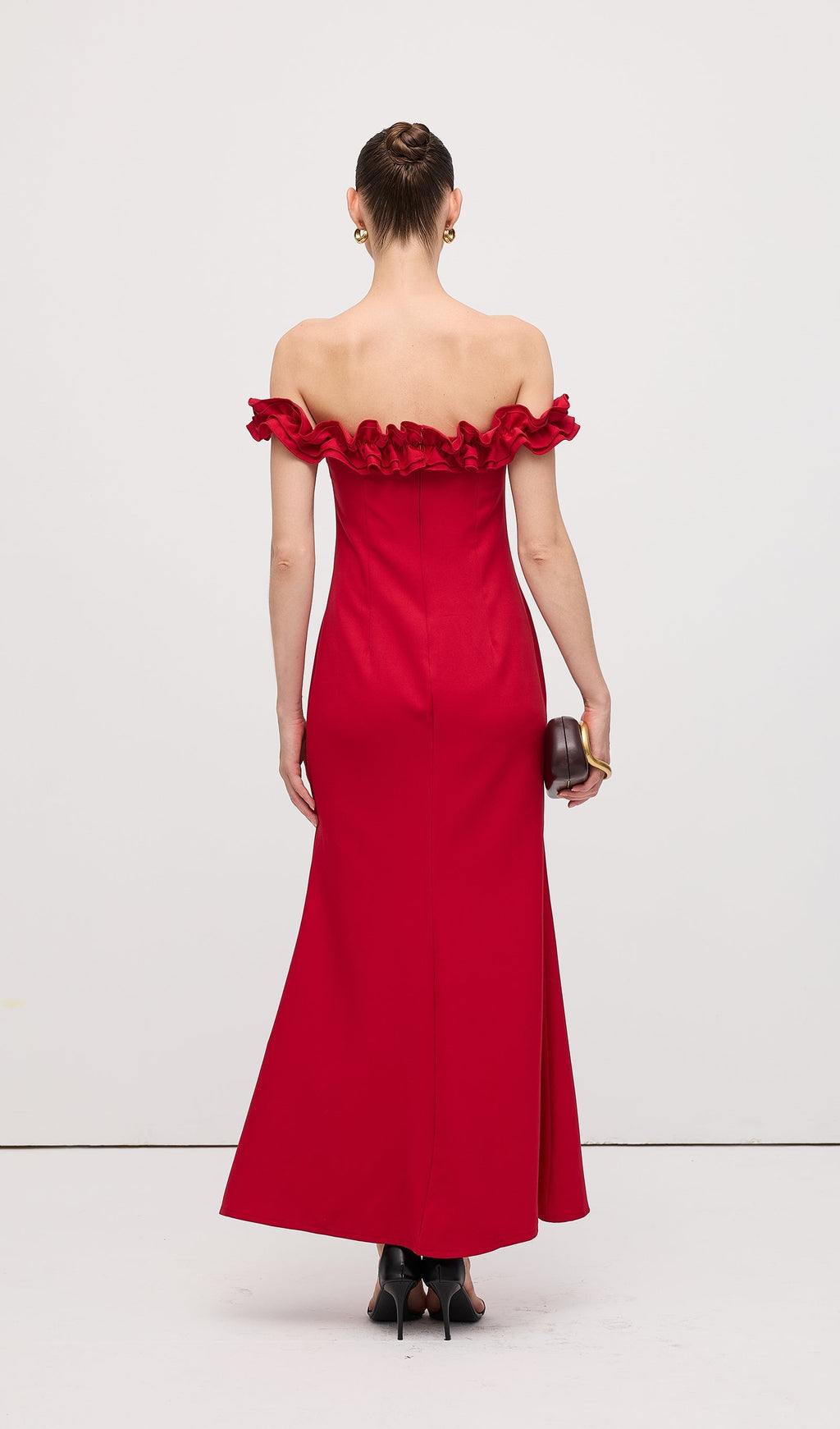 Kırmızı Volanlı Omuz Açık Maksi Elbise