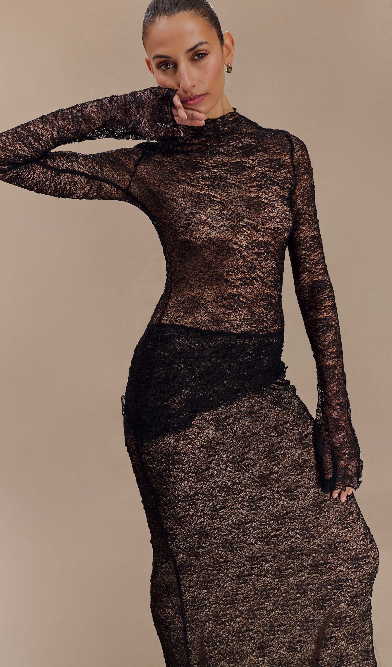 Siyah Şeffaf Dantel Üst Ve Uzun Etek Takımları