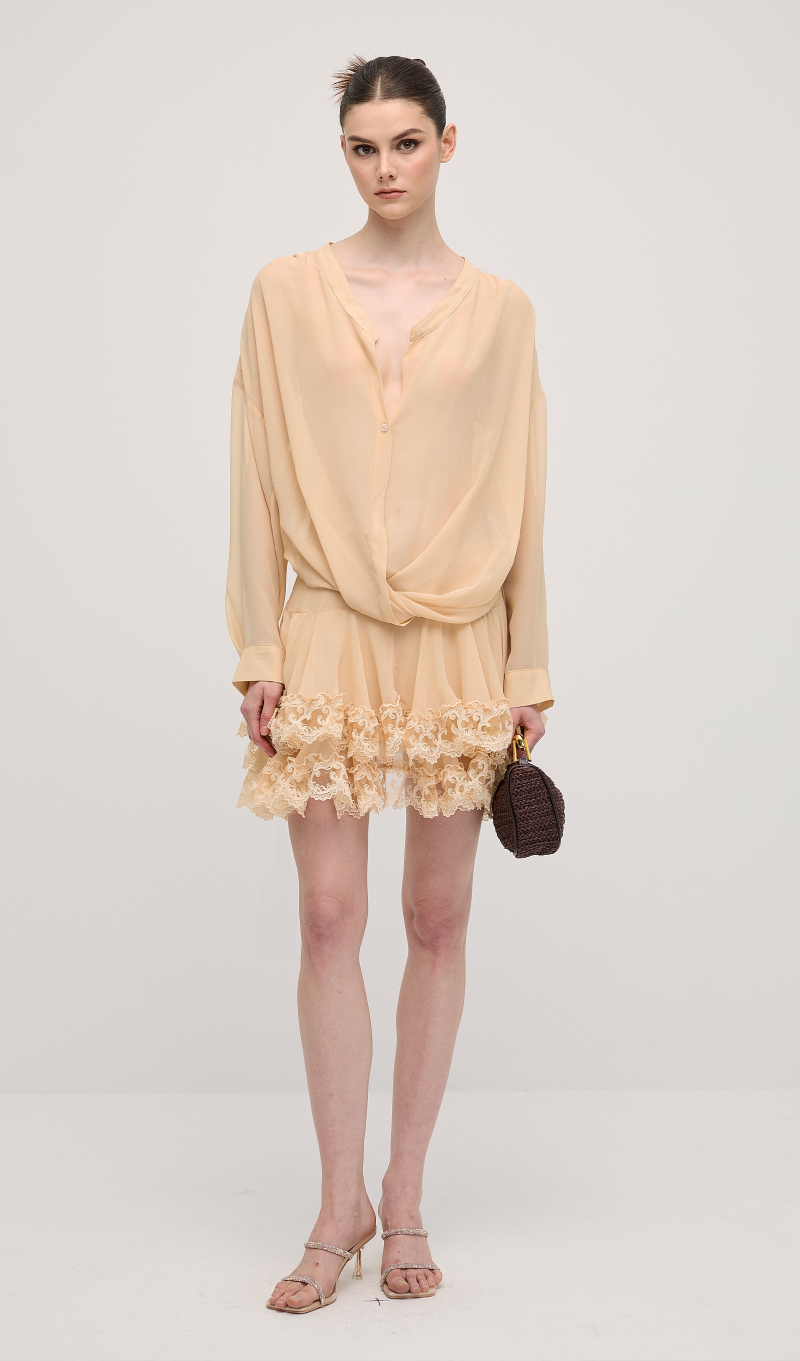 Uzun Kollu Katlı Mini Elbise