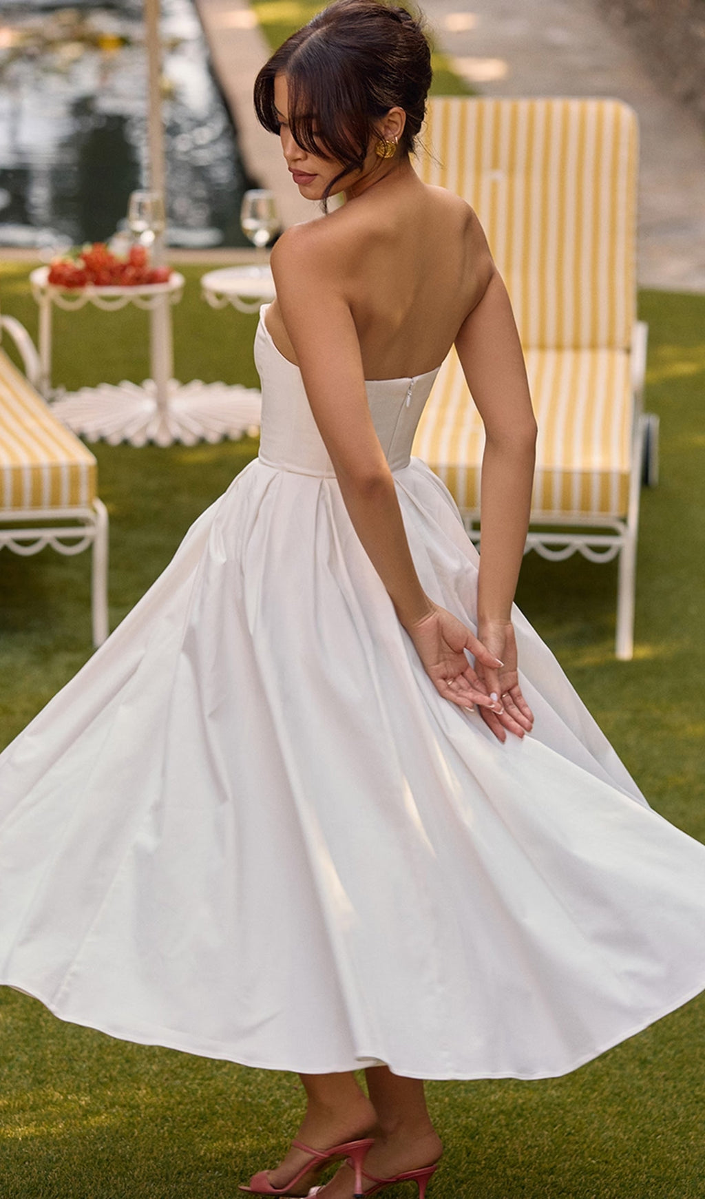 Askısız Korseli Midi Elbise Beyaz