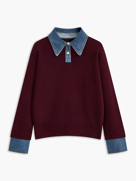 Denim Detaylı Triko Kazak