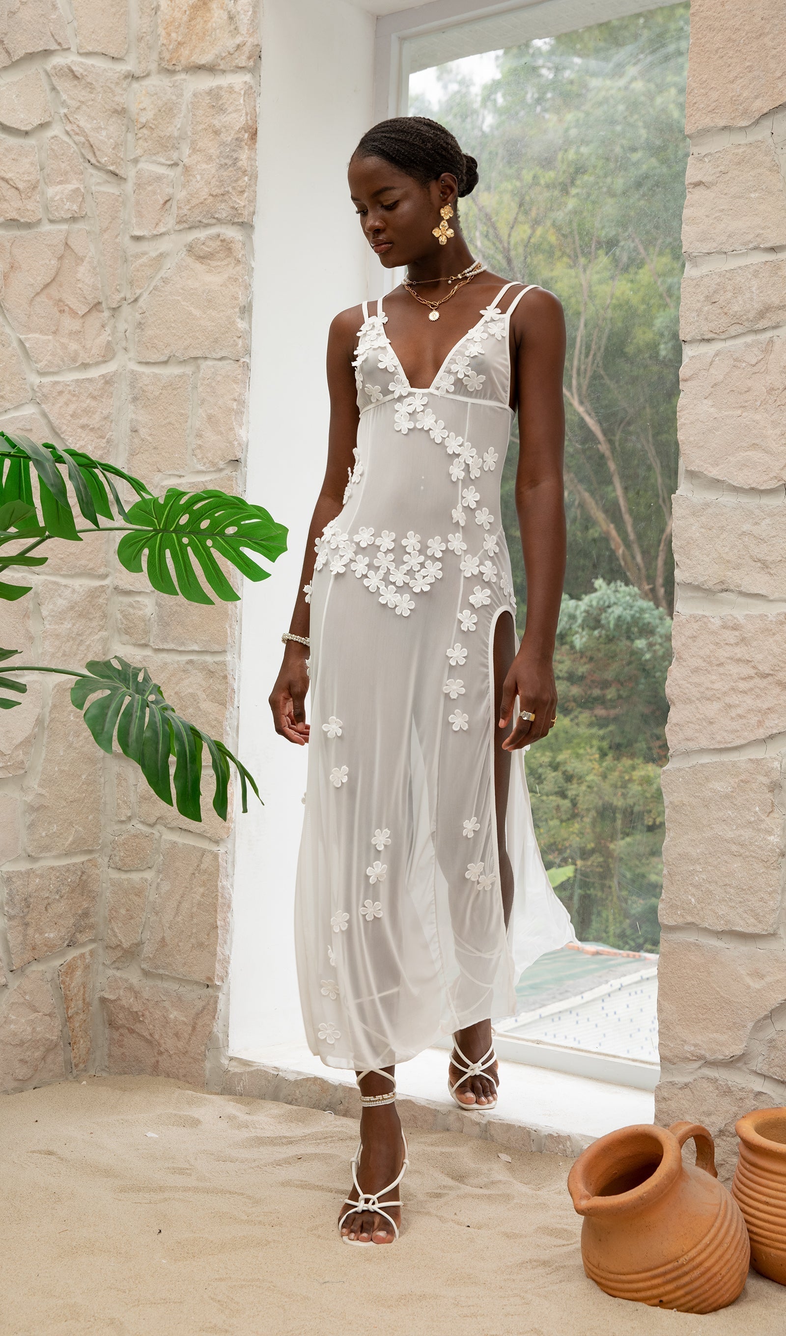 Trendy Beyaz Çiçekli File Uzun Elbise