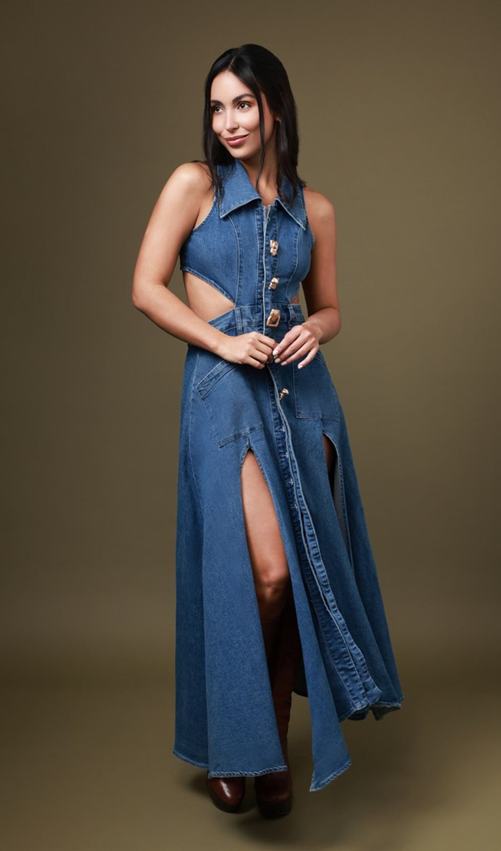 Yaka Kesimli Kot Uzun Elbise