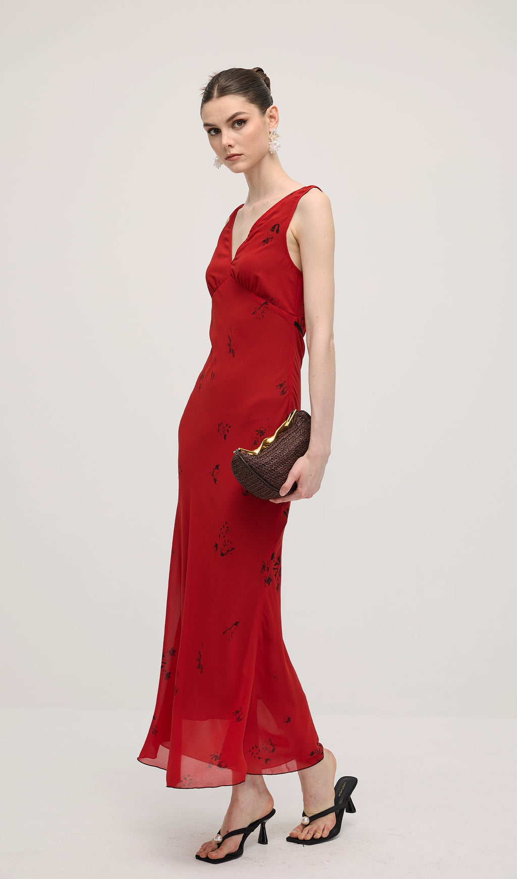 Kırmızı V Yaka Çiçekli Midi Elbise