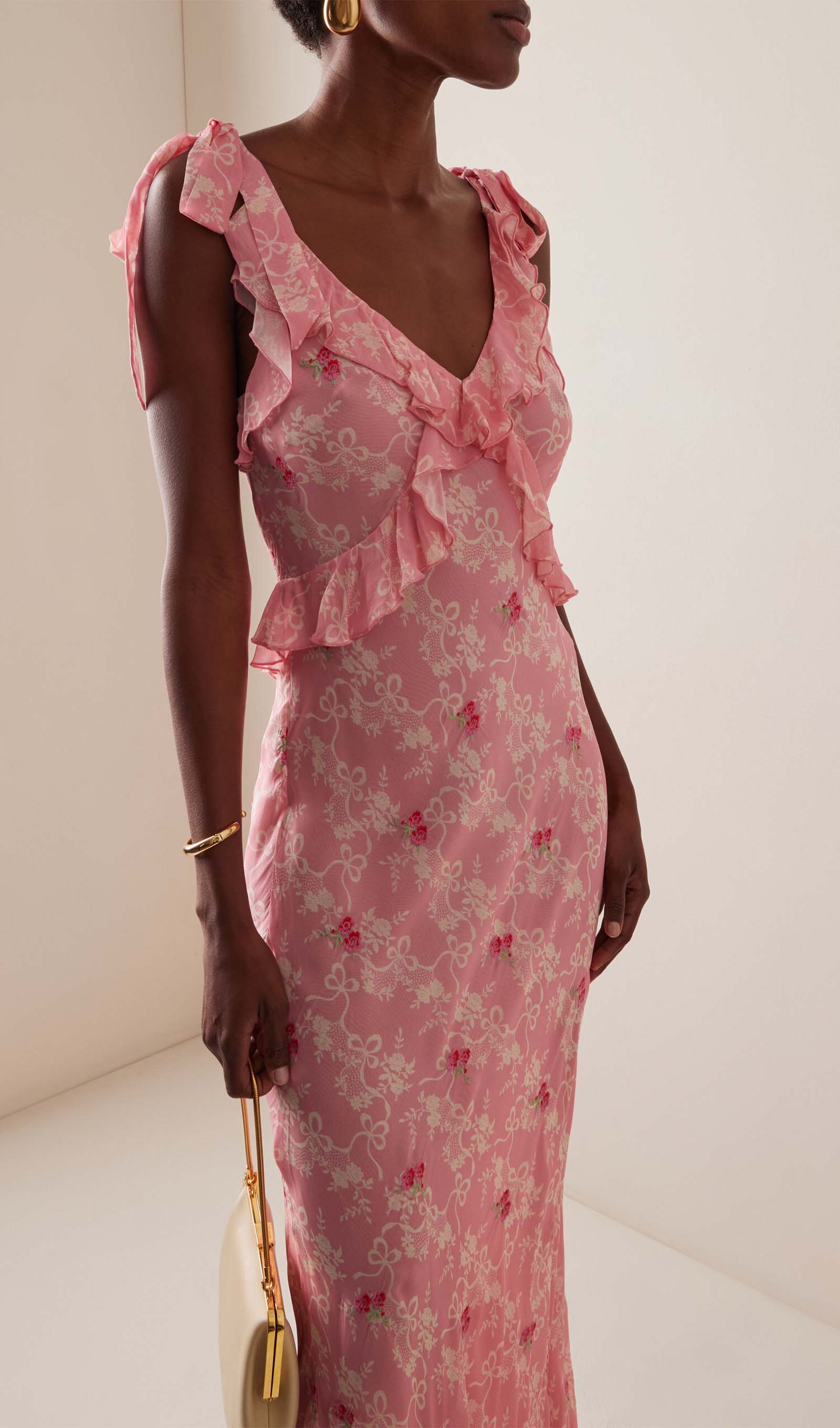 Çiçekli Volanlı File Uzun Elbise