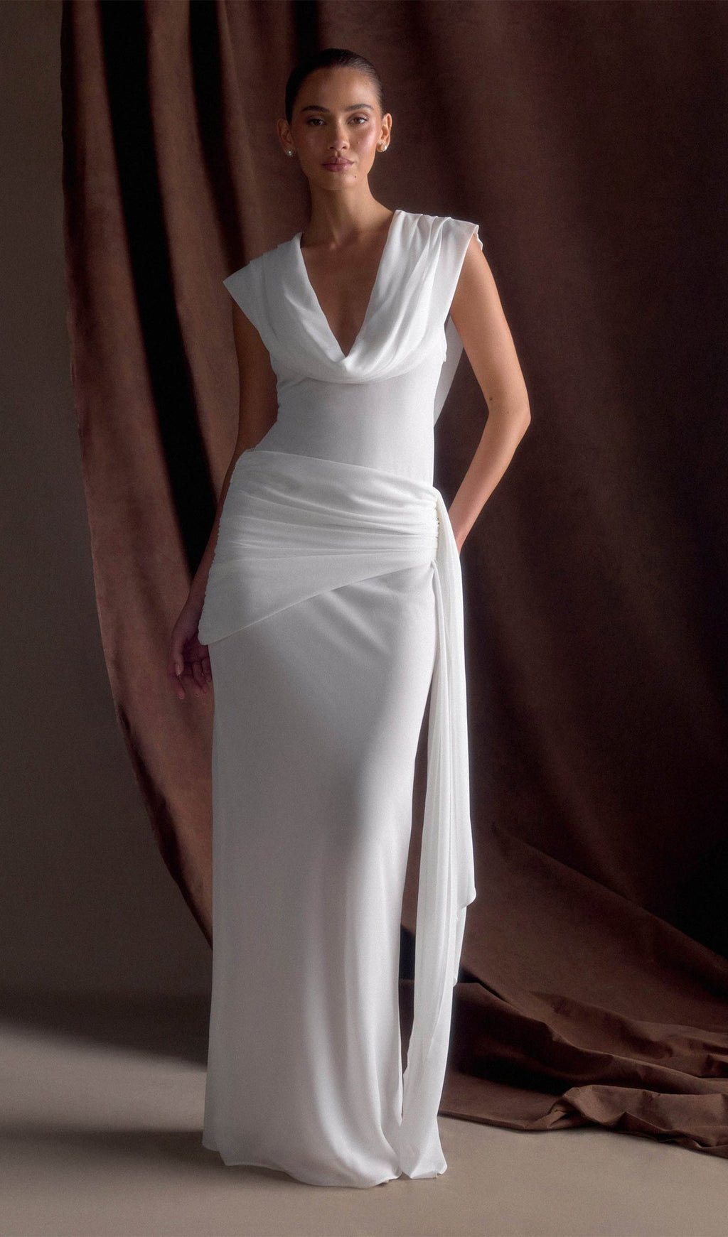 Şifon Drapeli Uzun Elbise