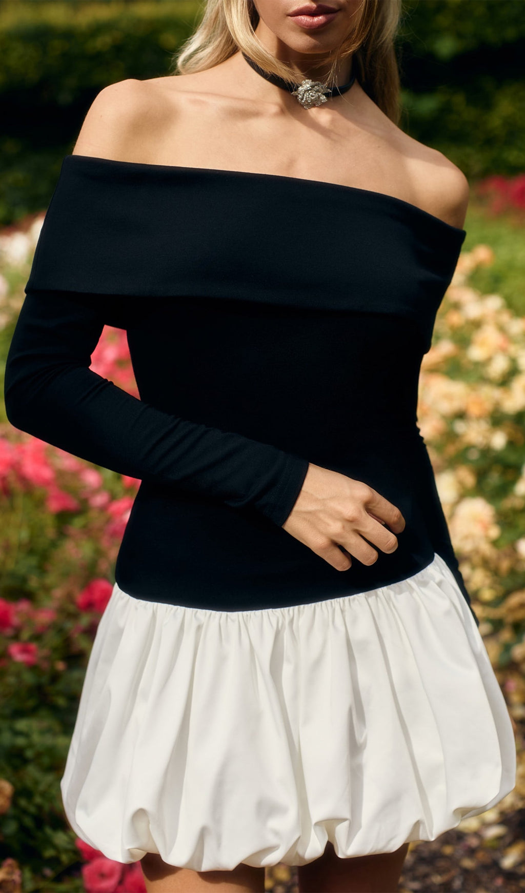 Açık Omuzlu Balon Mini Elbise-Beyaz