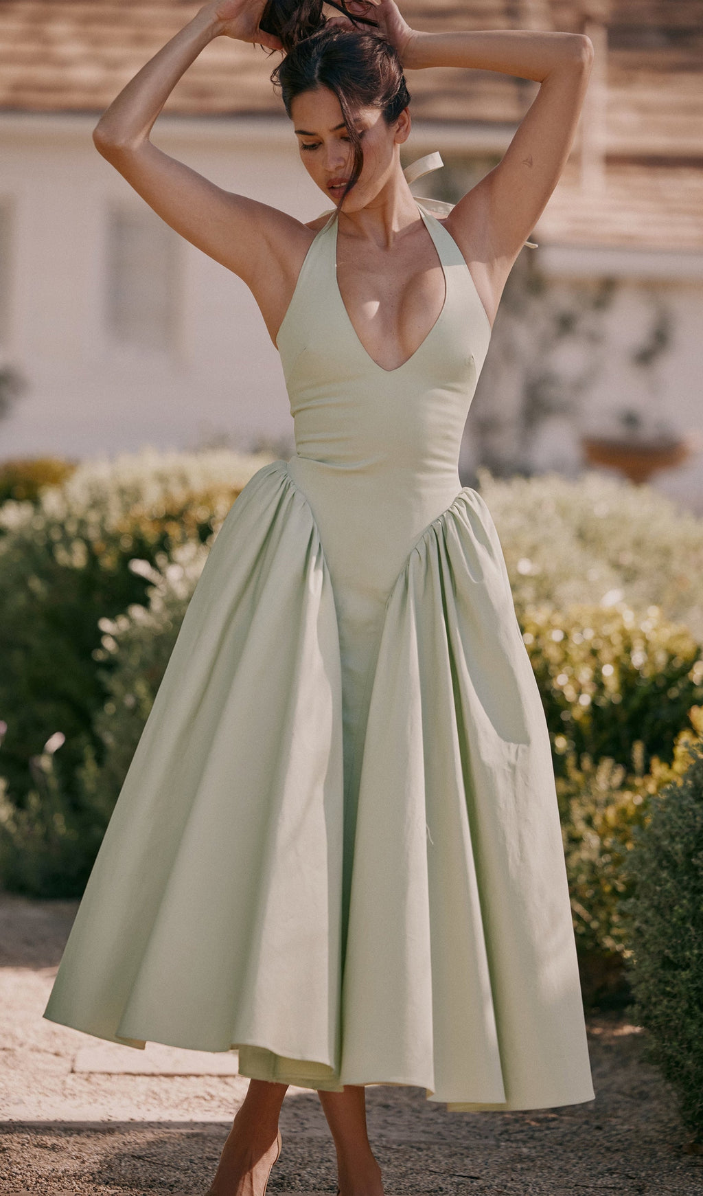 Fıstık Yeşili Pamuklu Askılı Midi Elbise