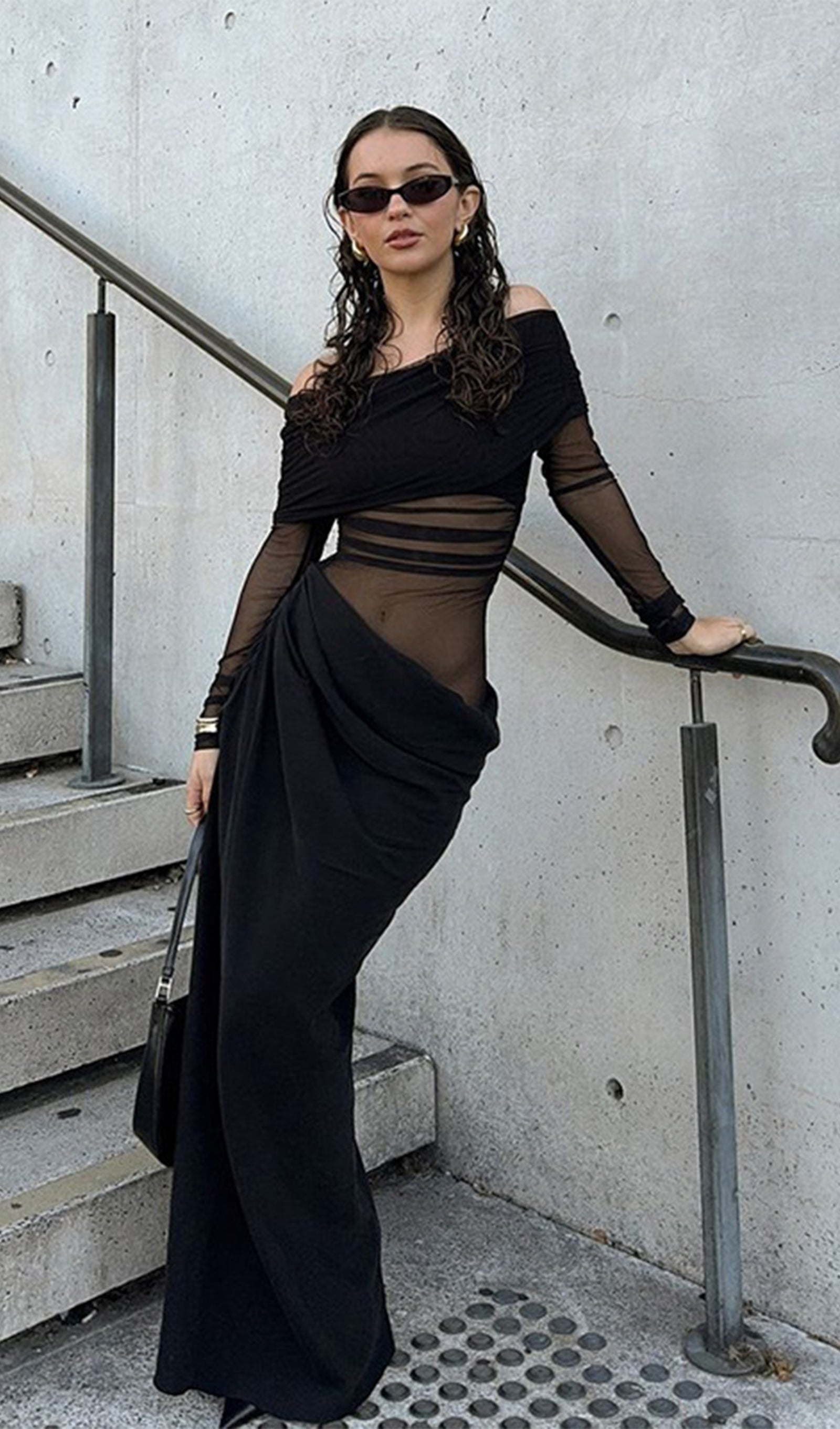 Omuz Açık Şeffaf Uzun File Siyah