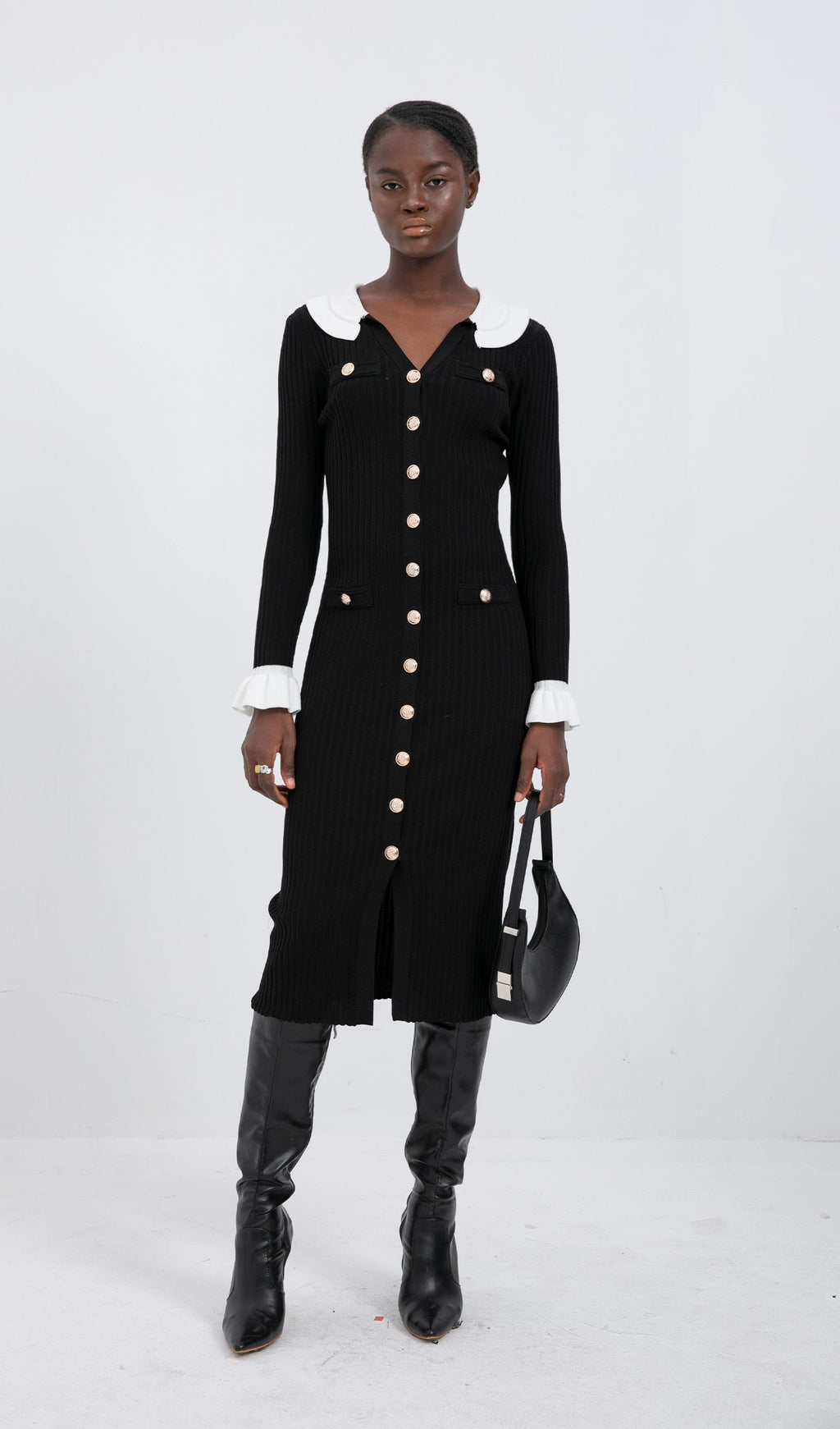 Trendy Jersey Volan Yaka Midi Elbise - Siyah