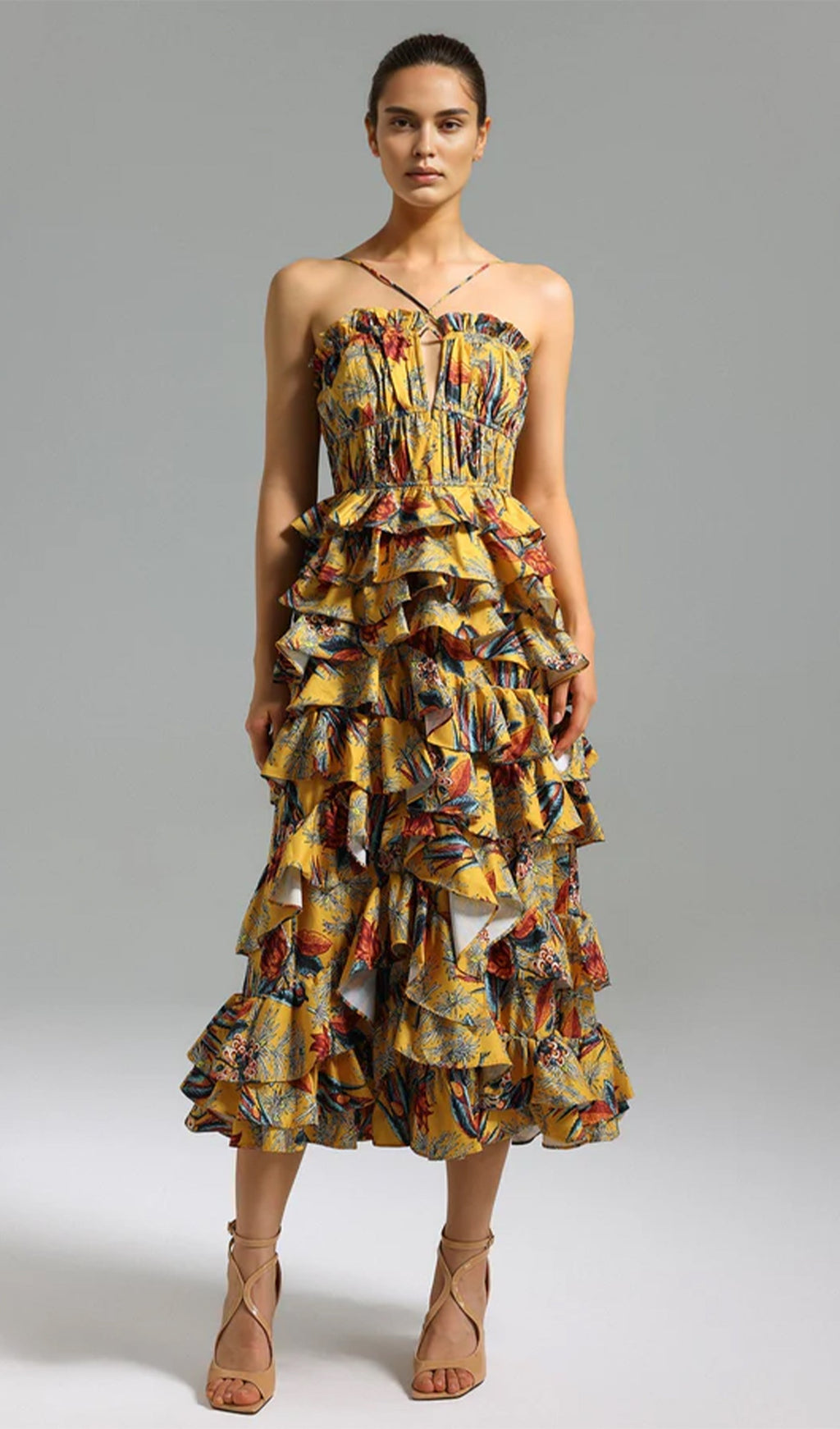 Tenley Halter Yaka Çiçekli Katmanlı Midi Elbise