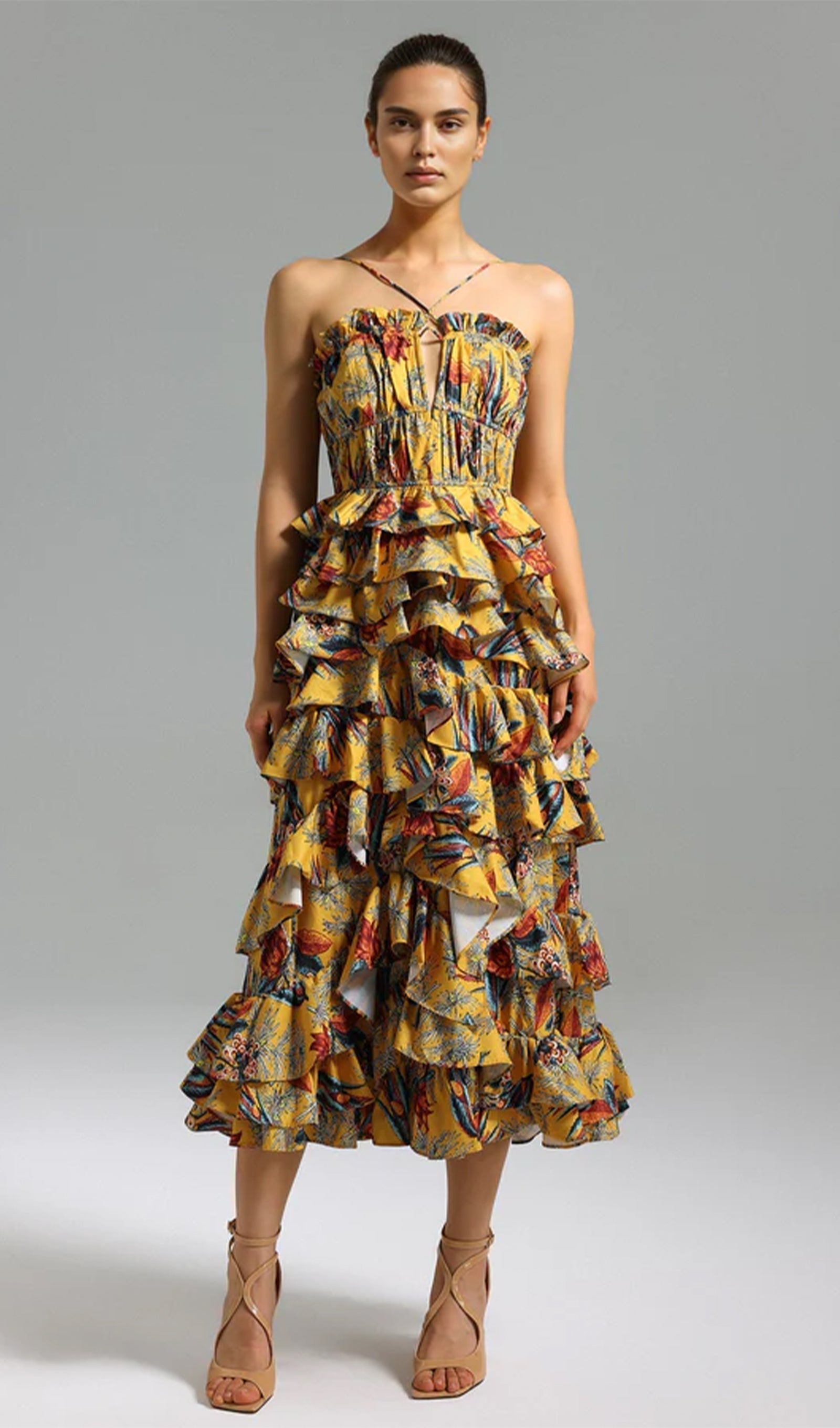 Tenley Halter Yaka Çiçekli Katmanlı Midi Elbise