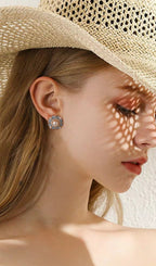 Retro Mavi Çiçek Şeklinde İnci Küpeler