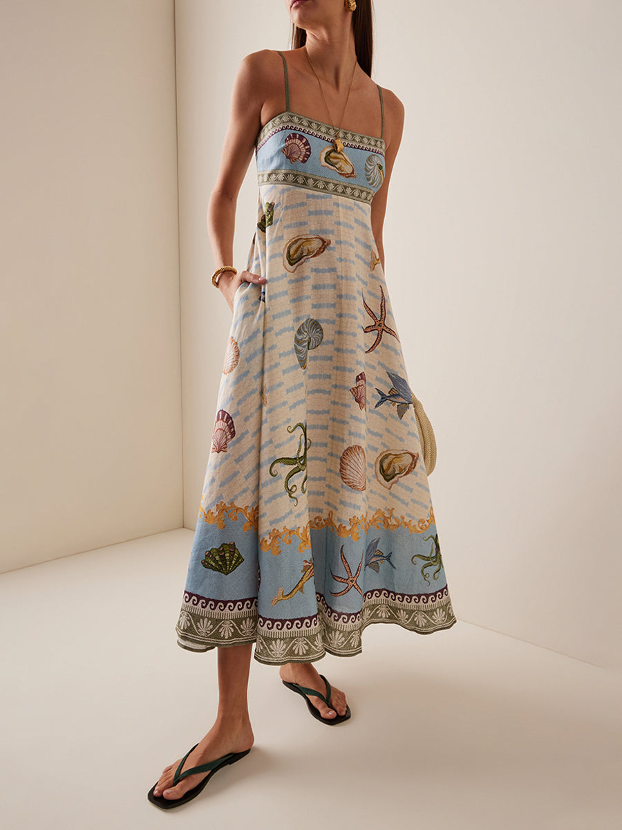 Deniz Yaratıkları Desenli İnce Askılı Midi Elbise