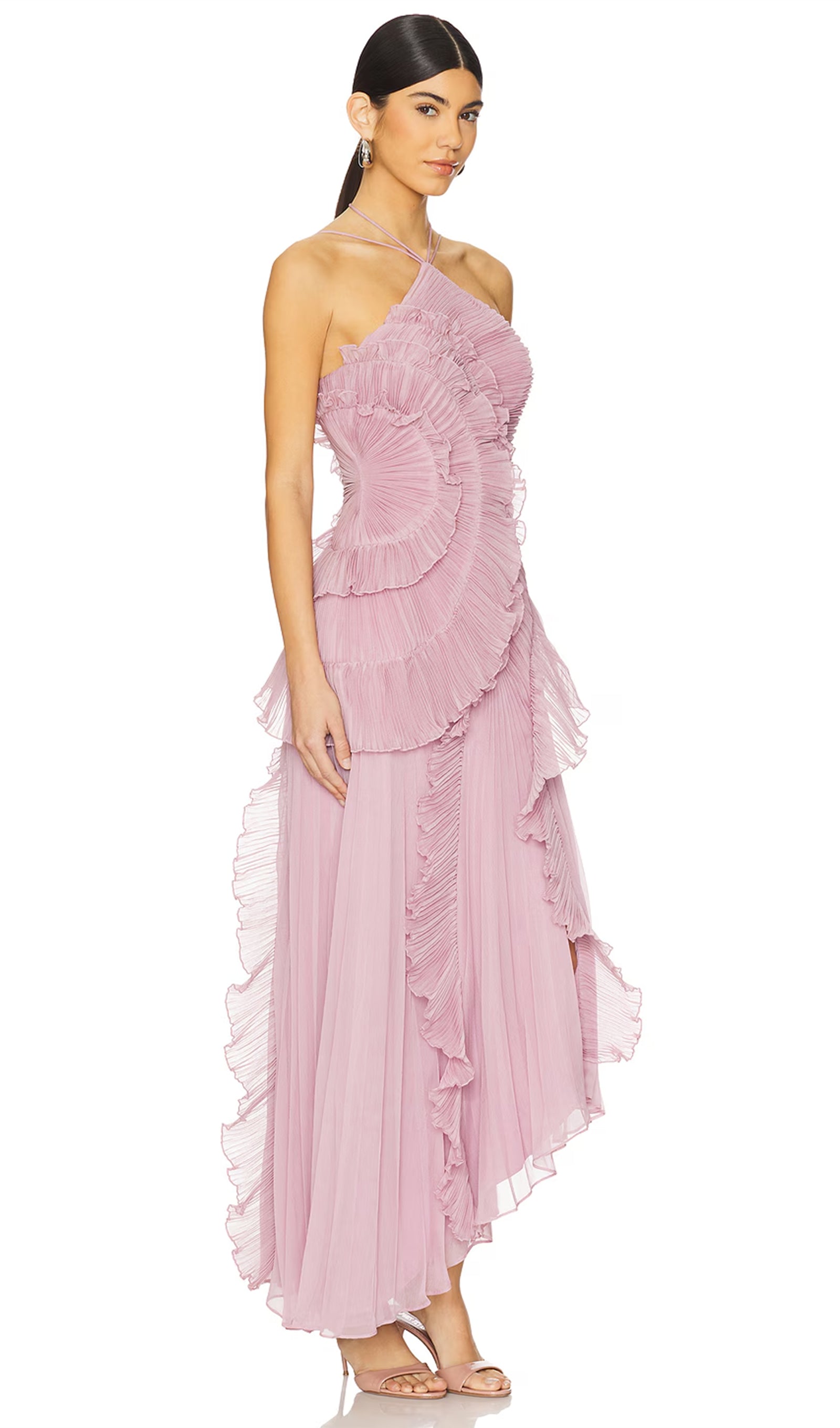 Asimetri Fırfırlı Askılı Uzun Elbise