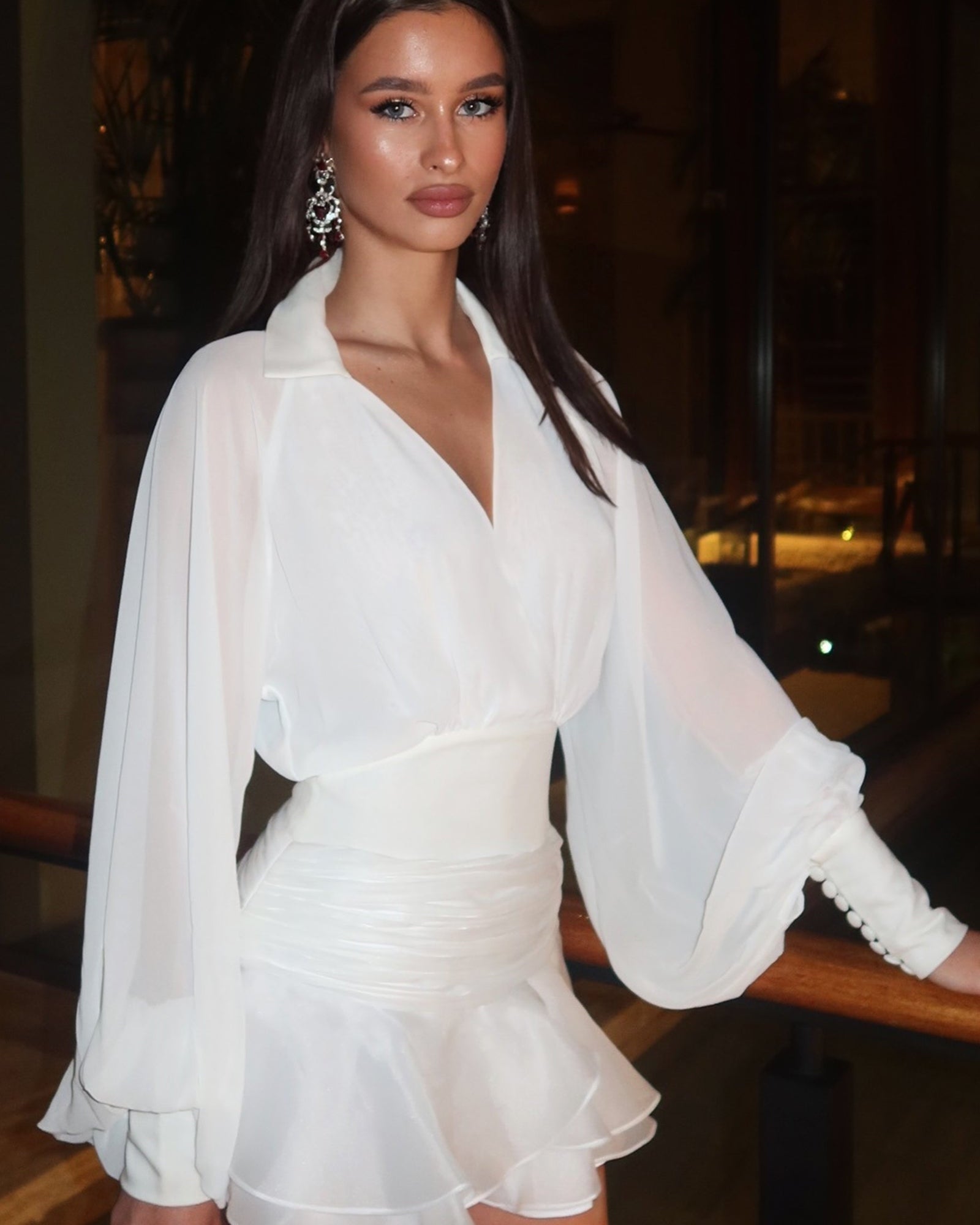 Düz Fener Kollu Mini Elbise