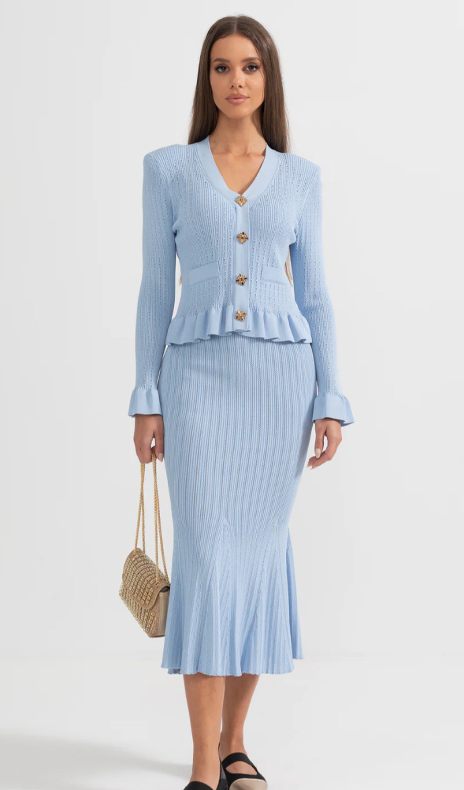 Fırfırlı Kloş Örgü Midi Elbise