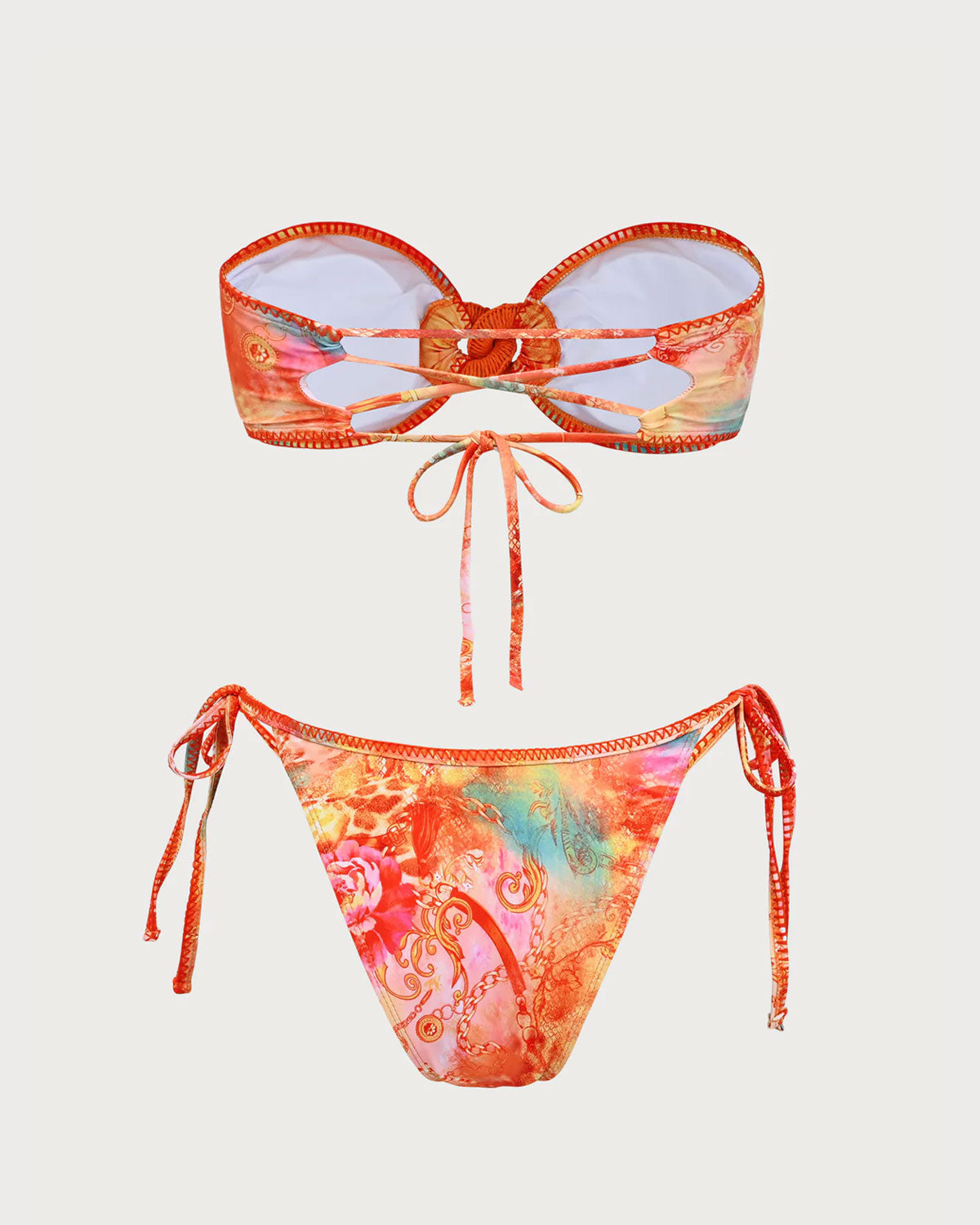 Turuncu Çiçekli Bandeau Bikini Seti