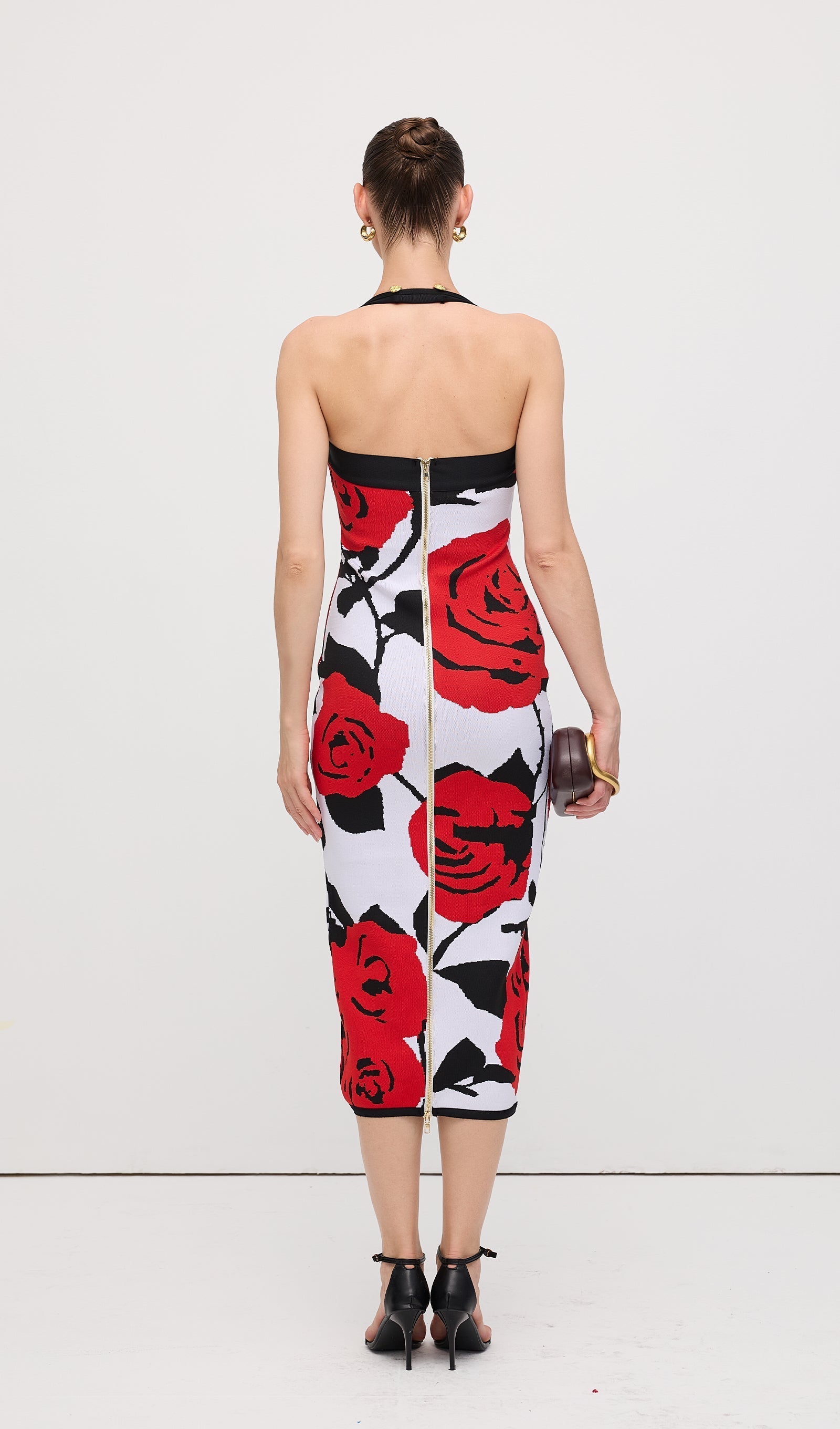 Çiçekli Jakarlı Örgü Midi Elbise