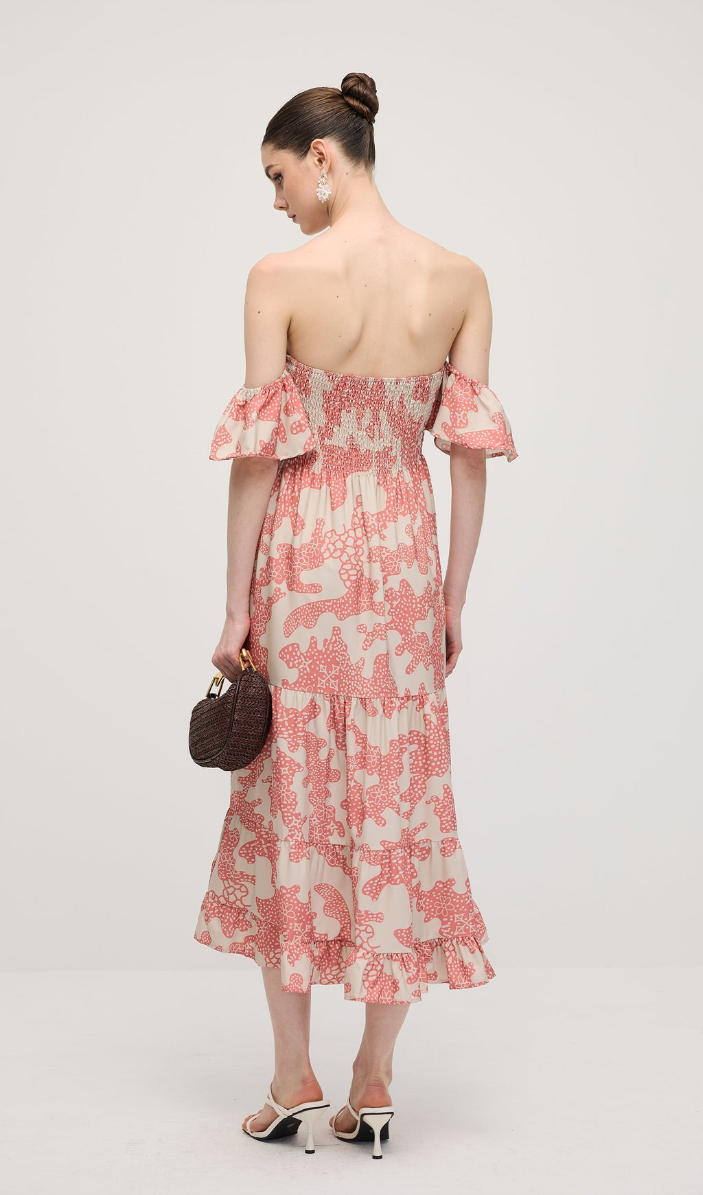 Omuz Açık Fırfırlı Baskılı Midi Elbise