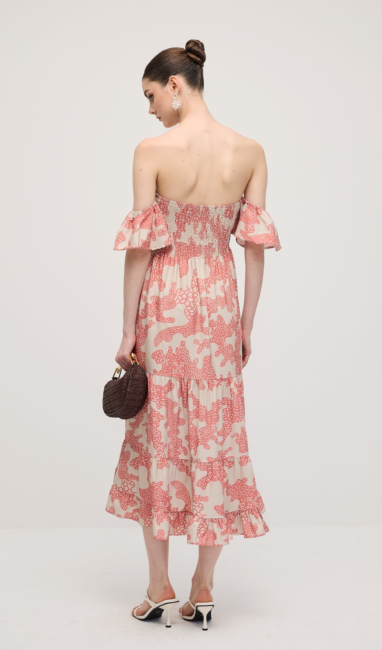 Omuz Açık Fırfırlı Baskılı Midi Elbise