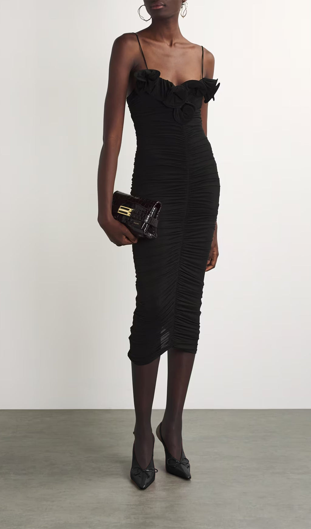 Büzgülü Gül Midi Elbise