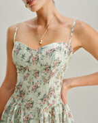 Yeşil Çiçekli Kalp Yaka Pileli Slip Midi Elbise