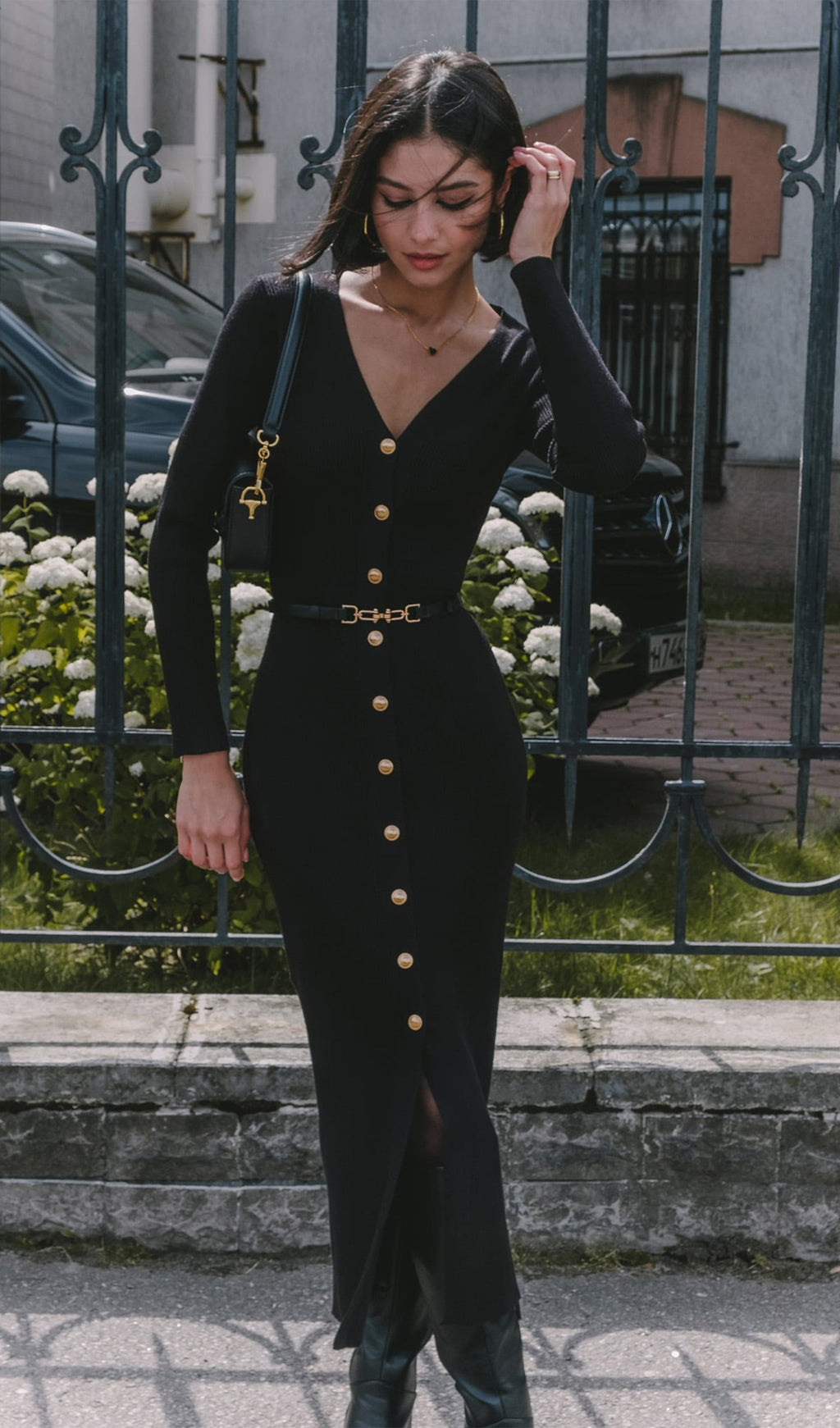 Örme V Yaka Midi Elbise - Siyah