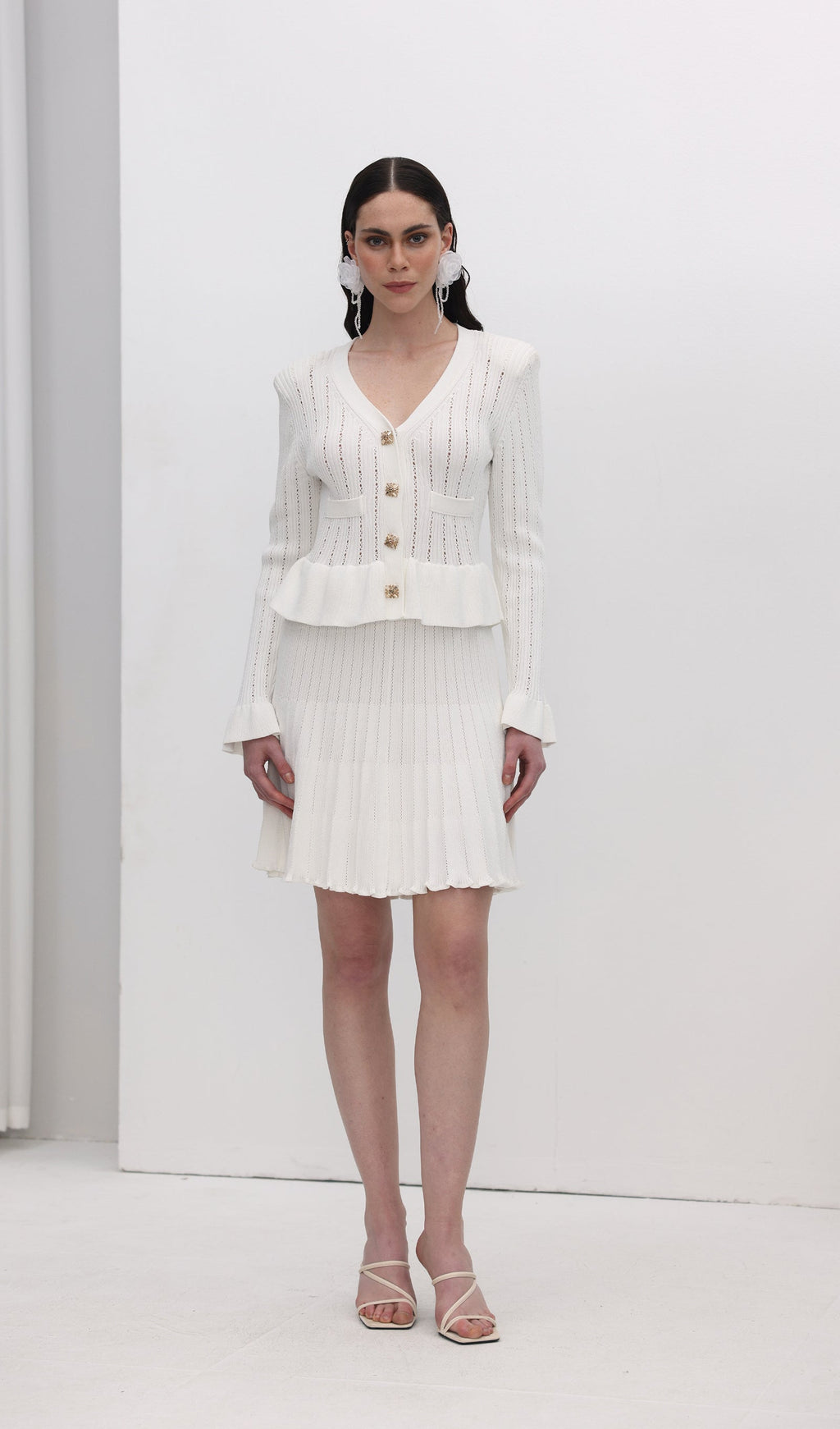 İçi Boş Volanlı Örgü Mini Elbise