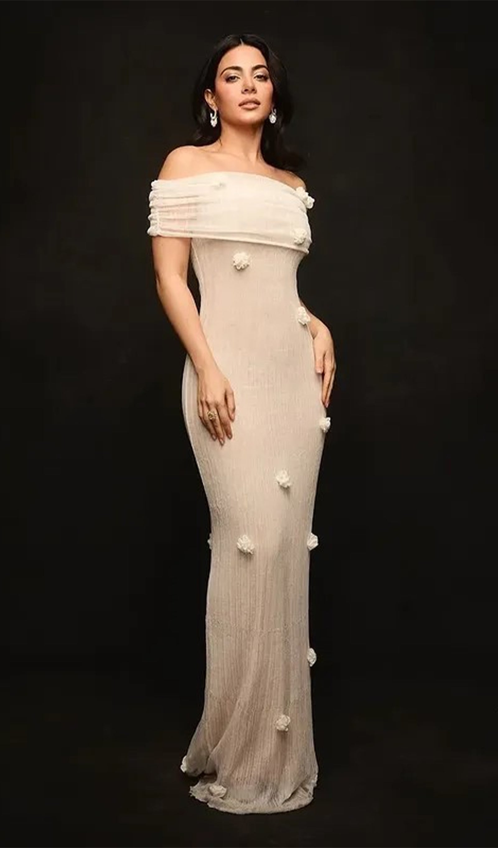 Fildişi Orkide Örgü Uzun Elbise