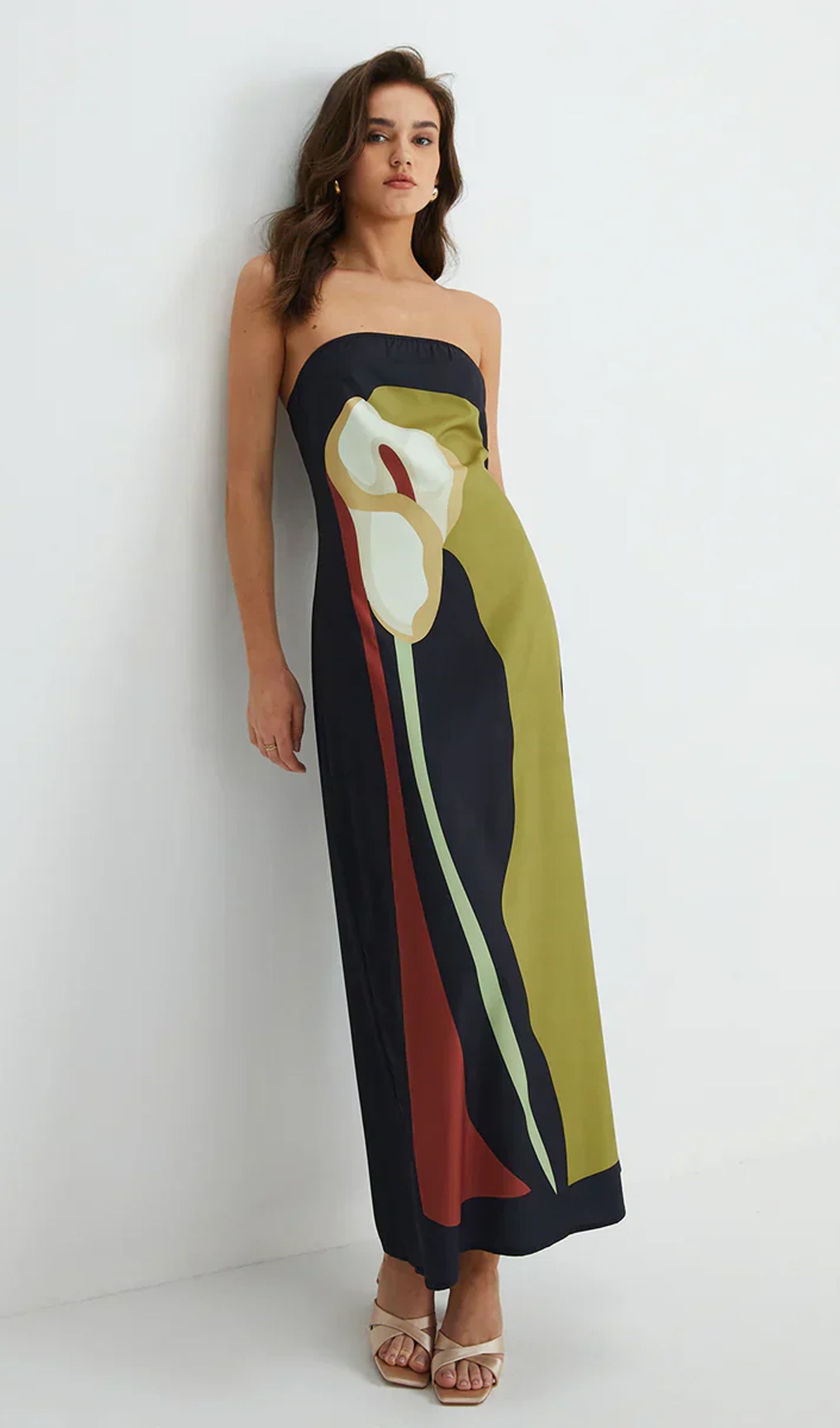 Omuz Açık Baskılı Yeşil Yaz Midi Elbise