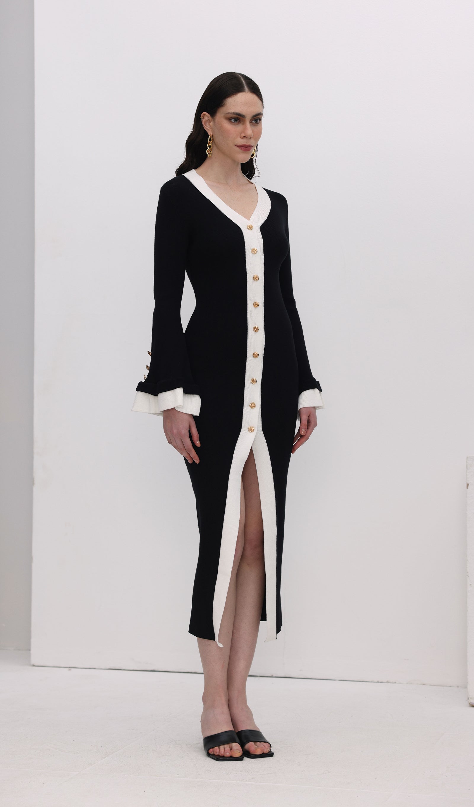 Örme Kontrast Manşetli Uzun Elbise