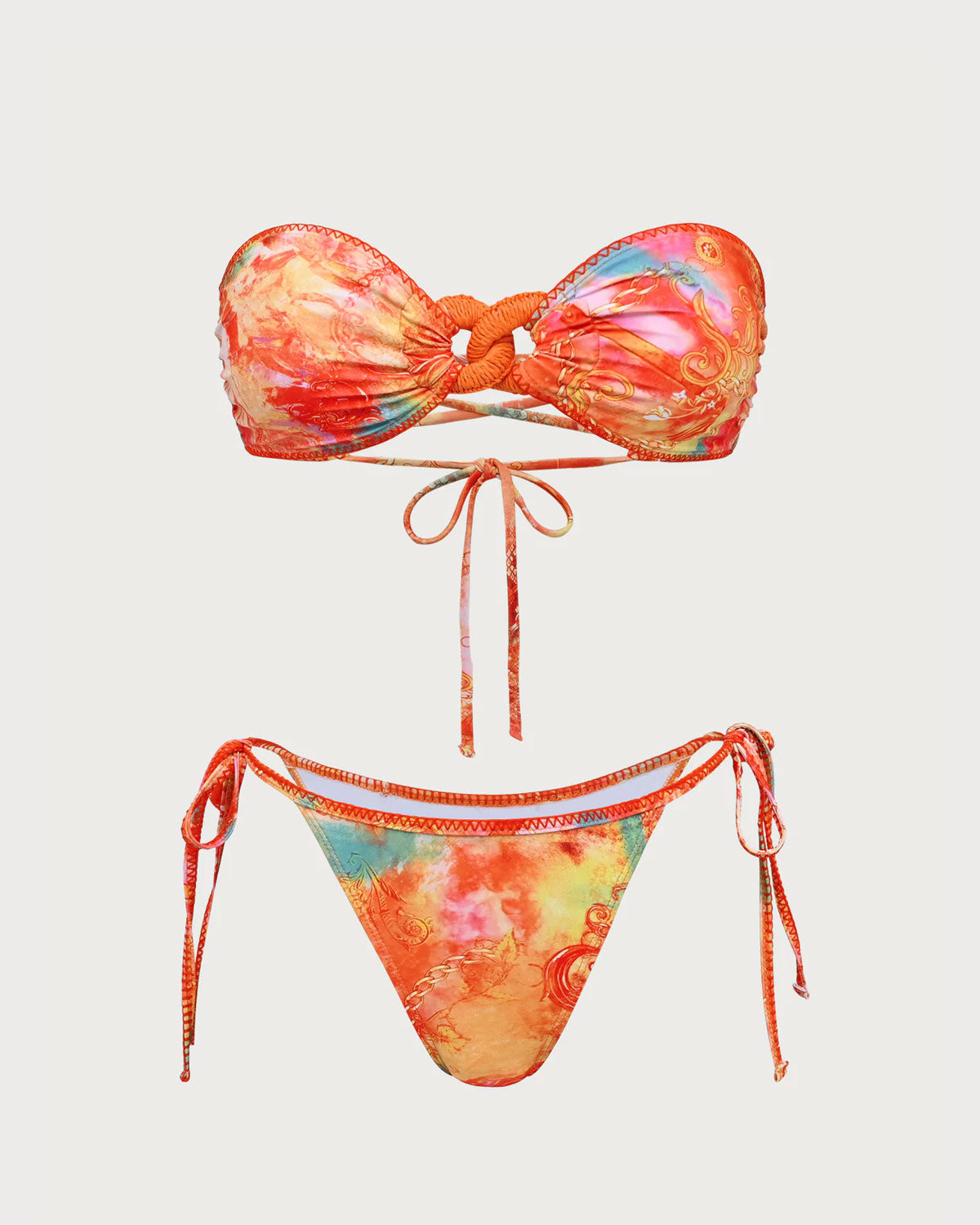 Turuncu Çiçekli Bandeau Bikini Seti