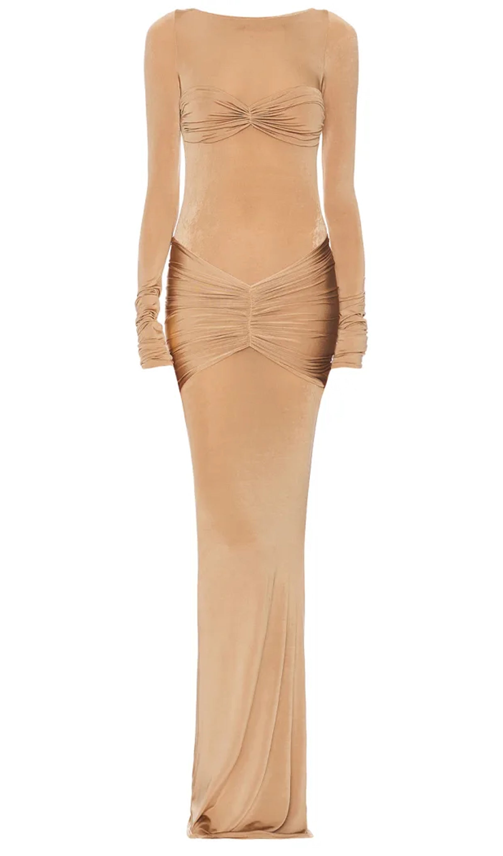 Slim Fit Düz Pileli Uzun Elbise