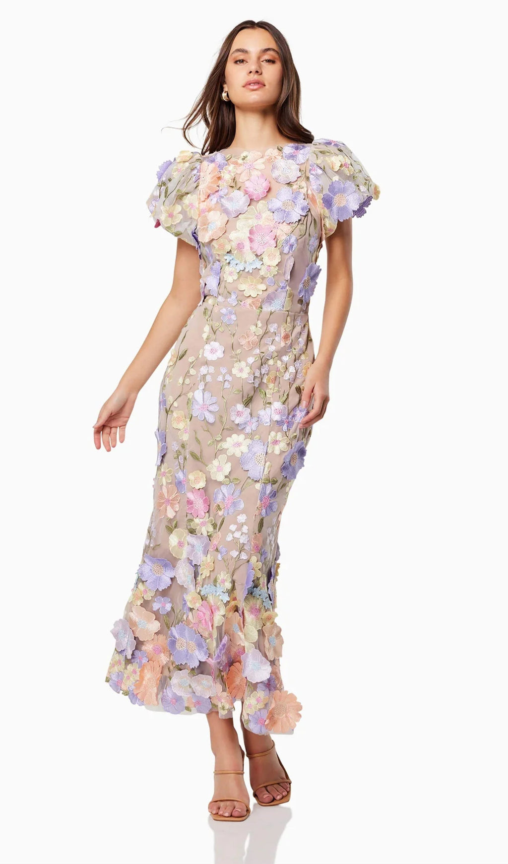 Mor Renkli Çiçekli 3D Dantel Midi Elbise