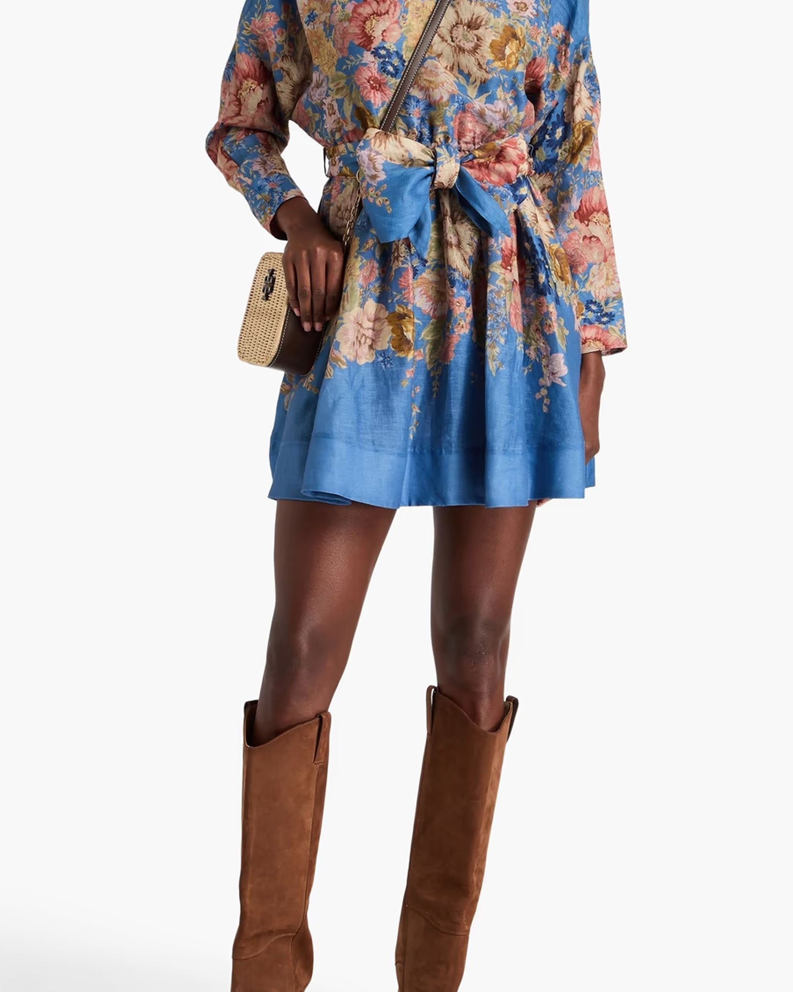 Kemerli Çiçek Desenli Keten Mini Elbise