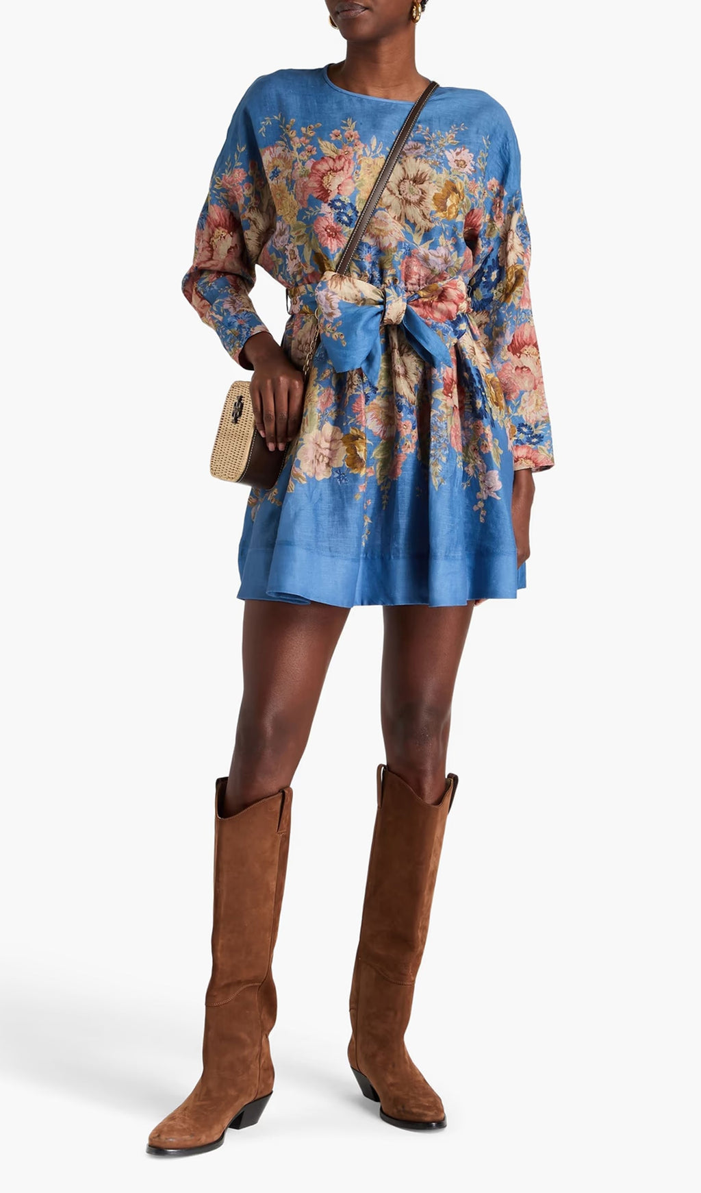 Kemerli Çiçek Desenli Keten Mini Elbise