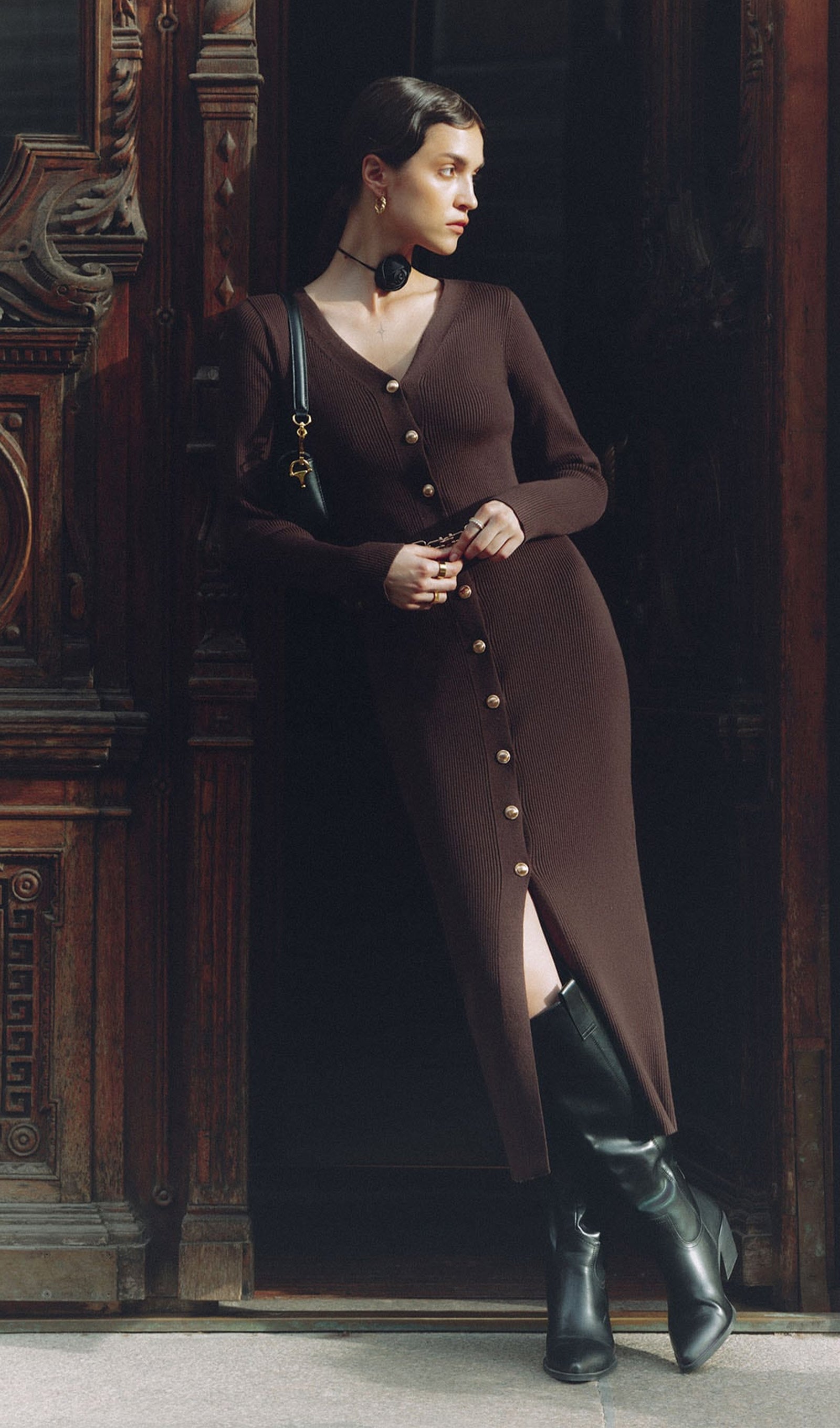 Örme V Yaka Midi Elbise