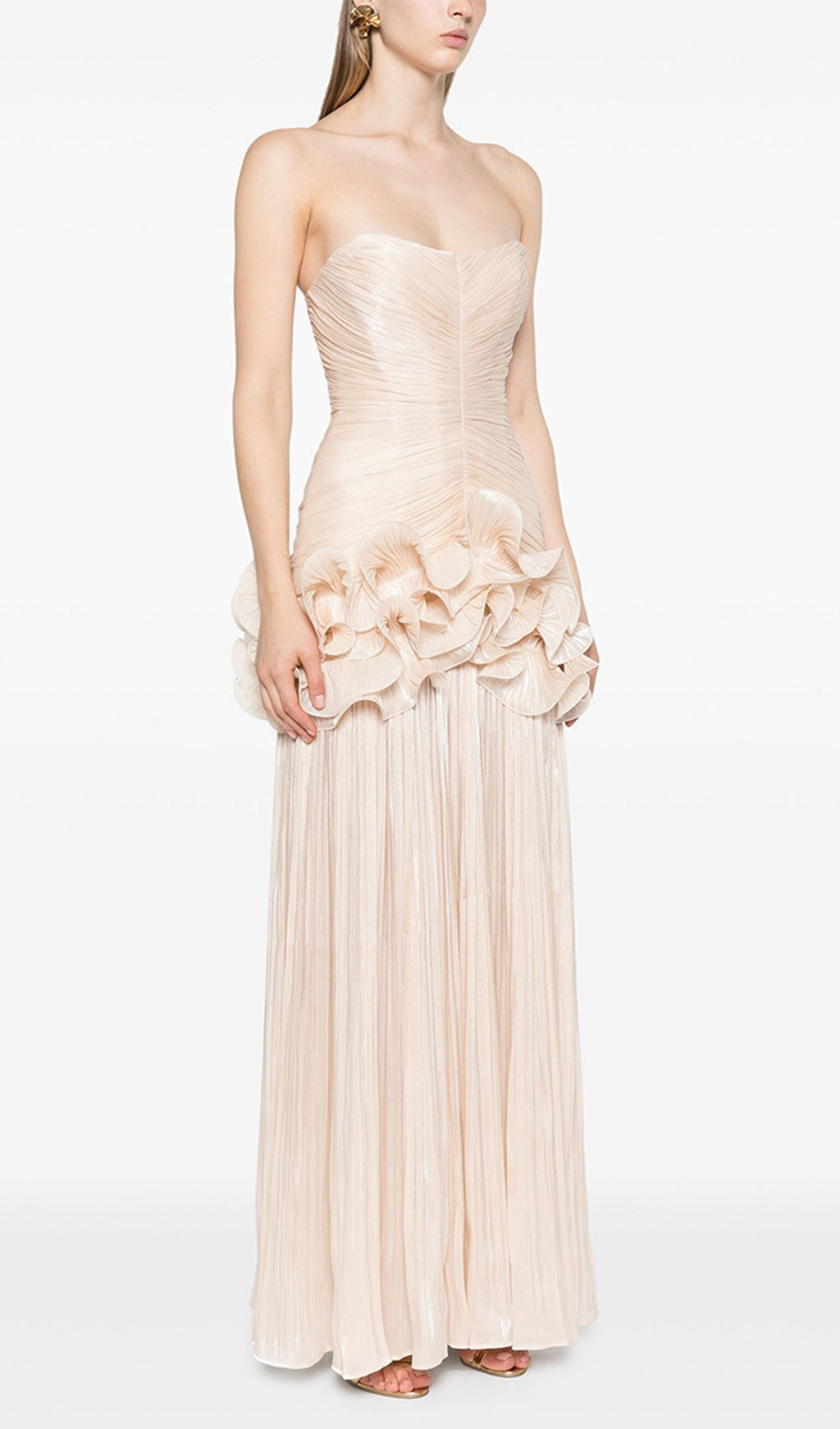 İnce Askısız Volanlı Uzun Elbise