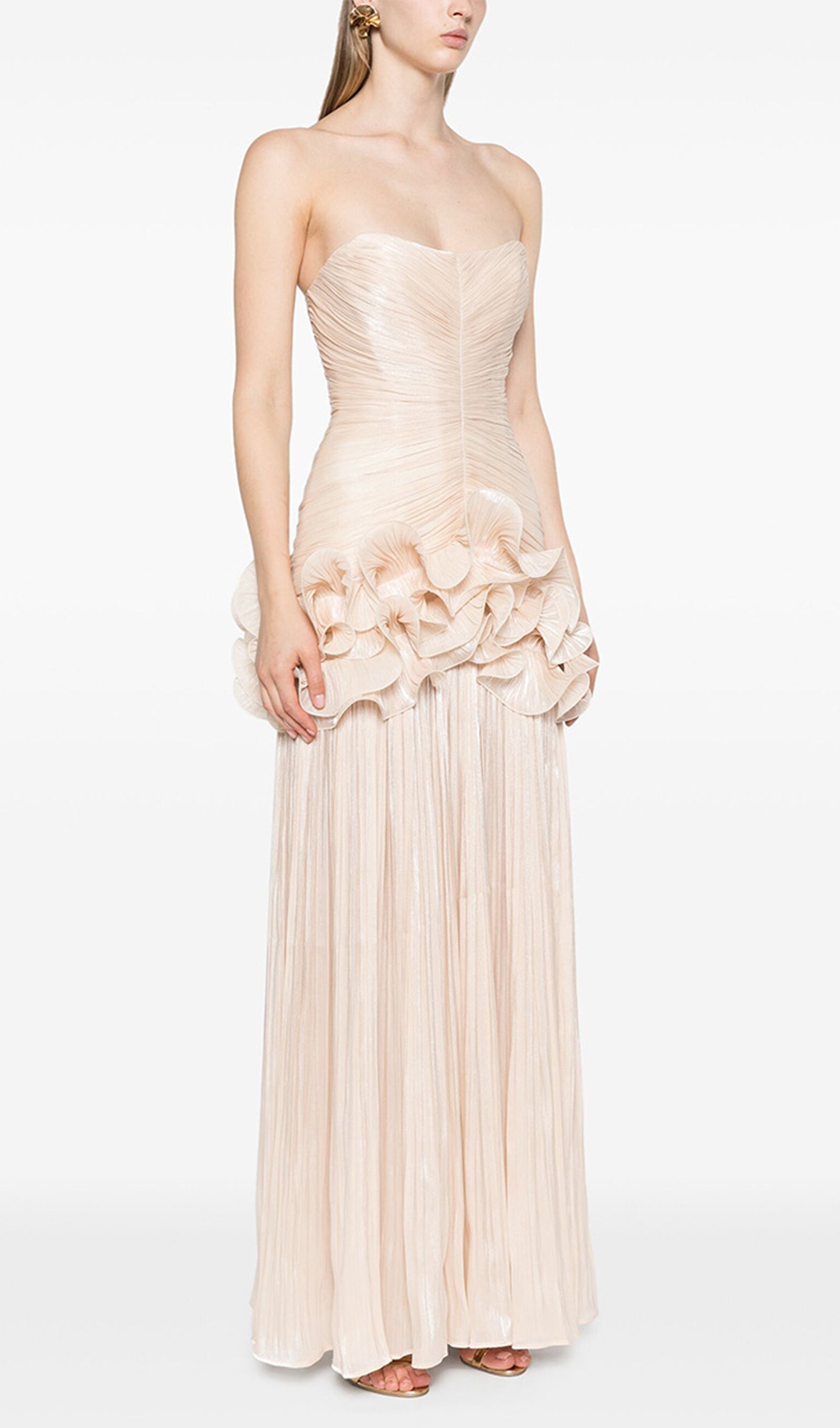 İnce Askısız Volanlı Uzun Elbise