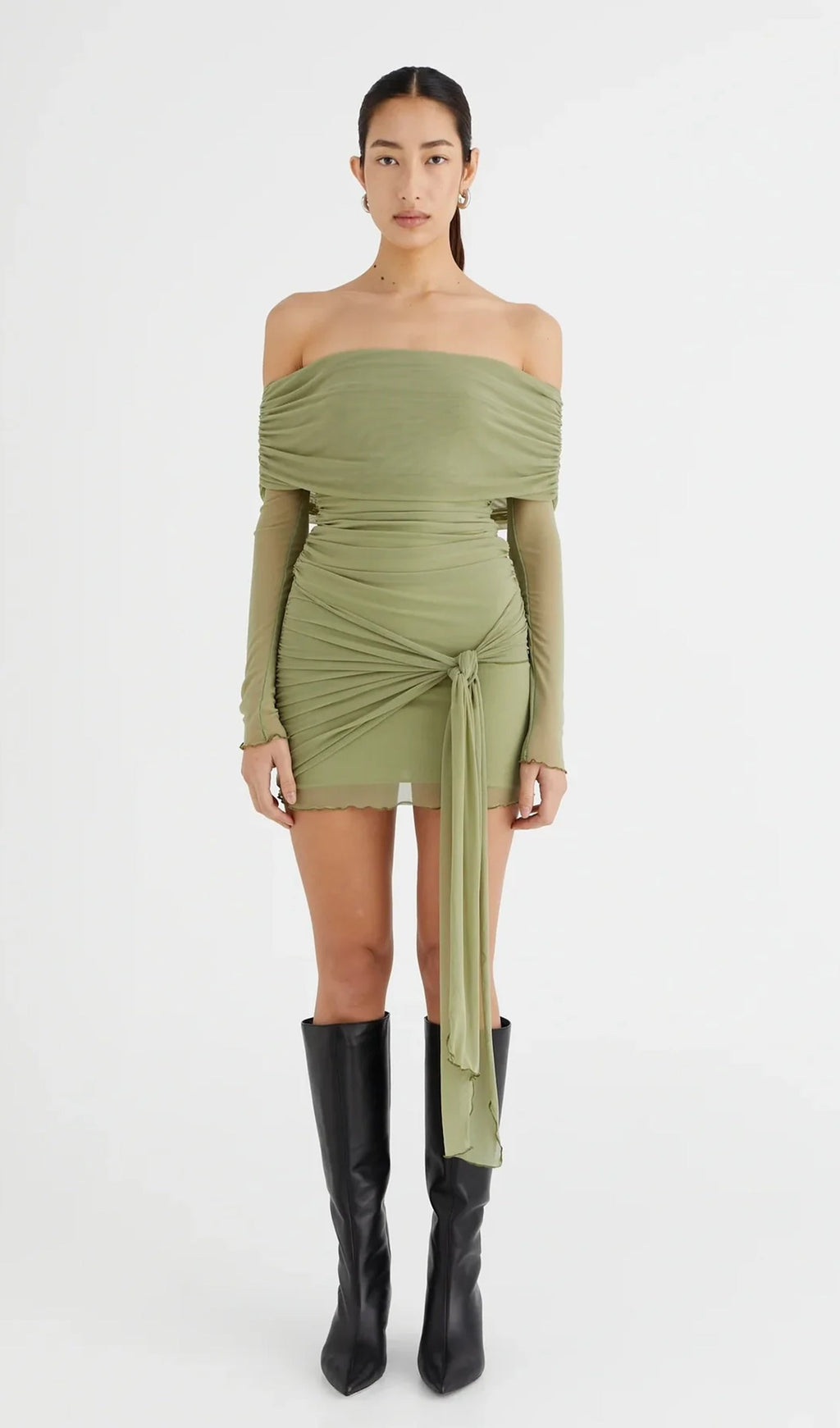 Omuz Açık Şeffaf File Mini Elbise-Yeşil