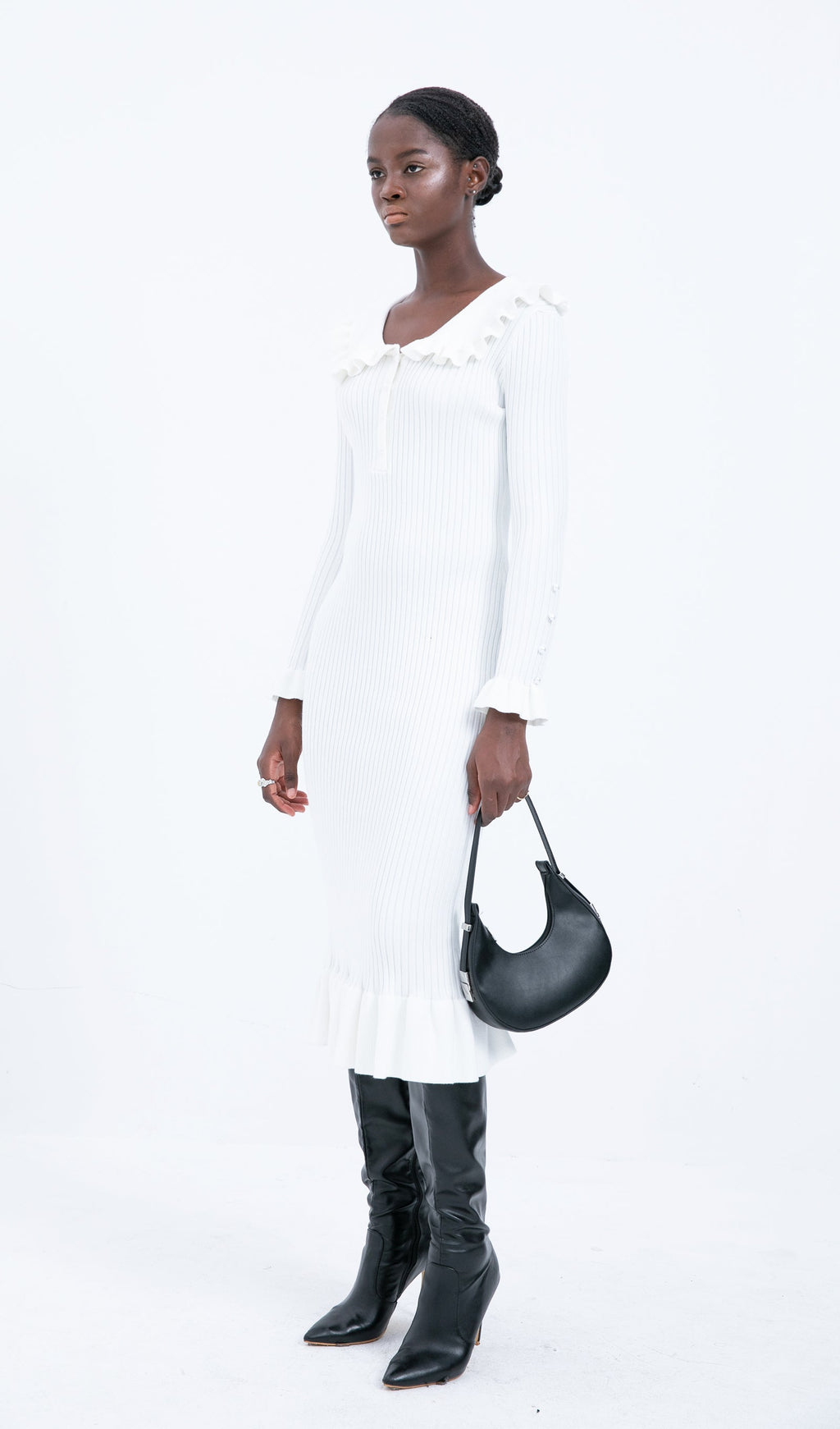 Trendy Örme Volanlı Midi Elbise - Beyaz