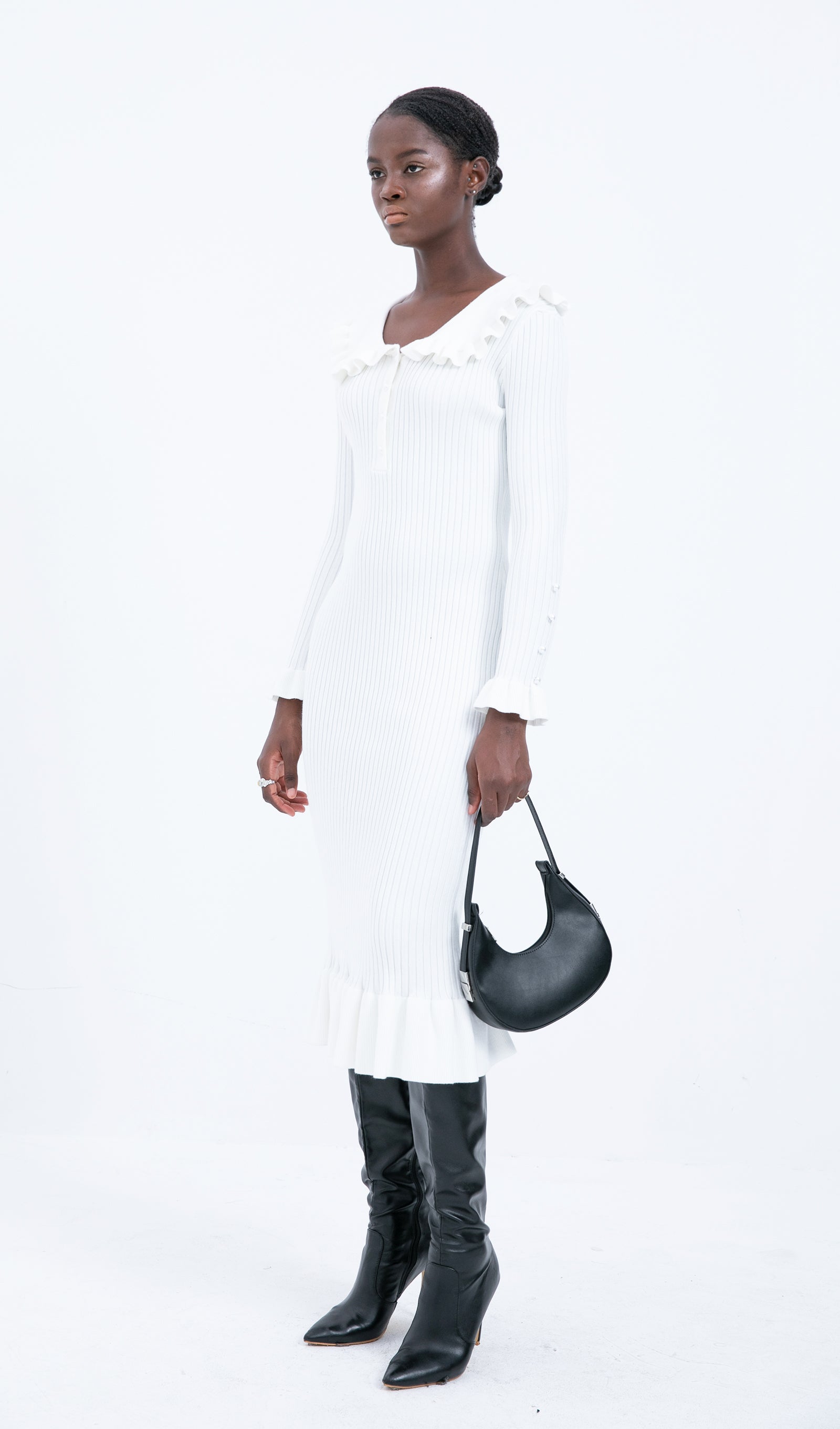 Trendy Örme Volanlı Midi Elbise - Beyaz