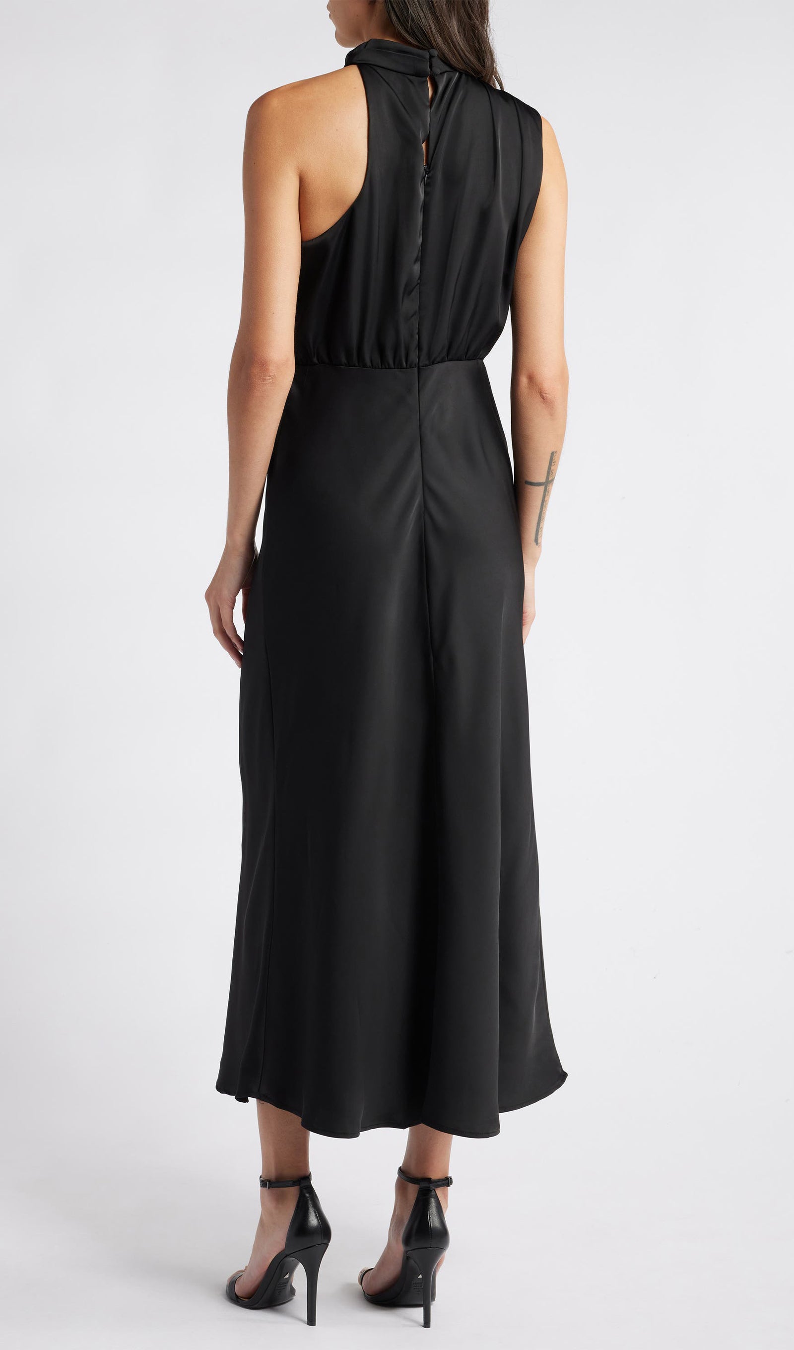 Asimetrik Saten Midi Elbise Siyah