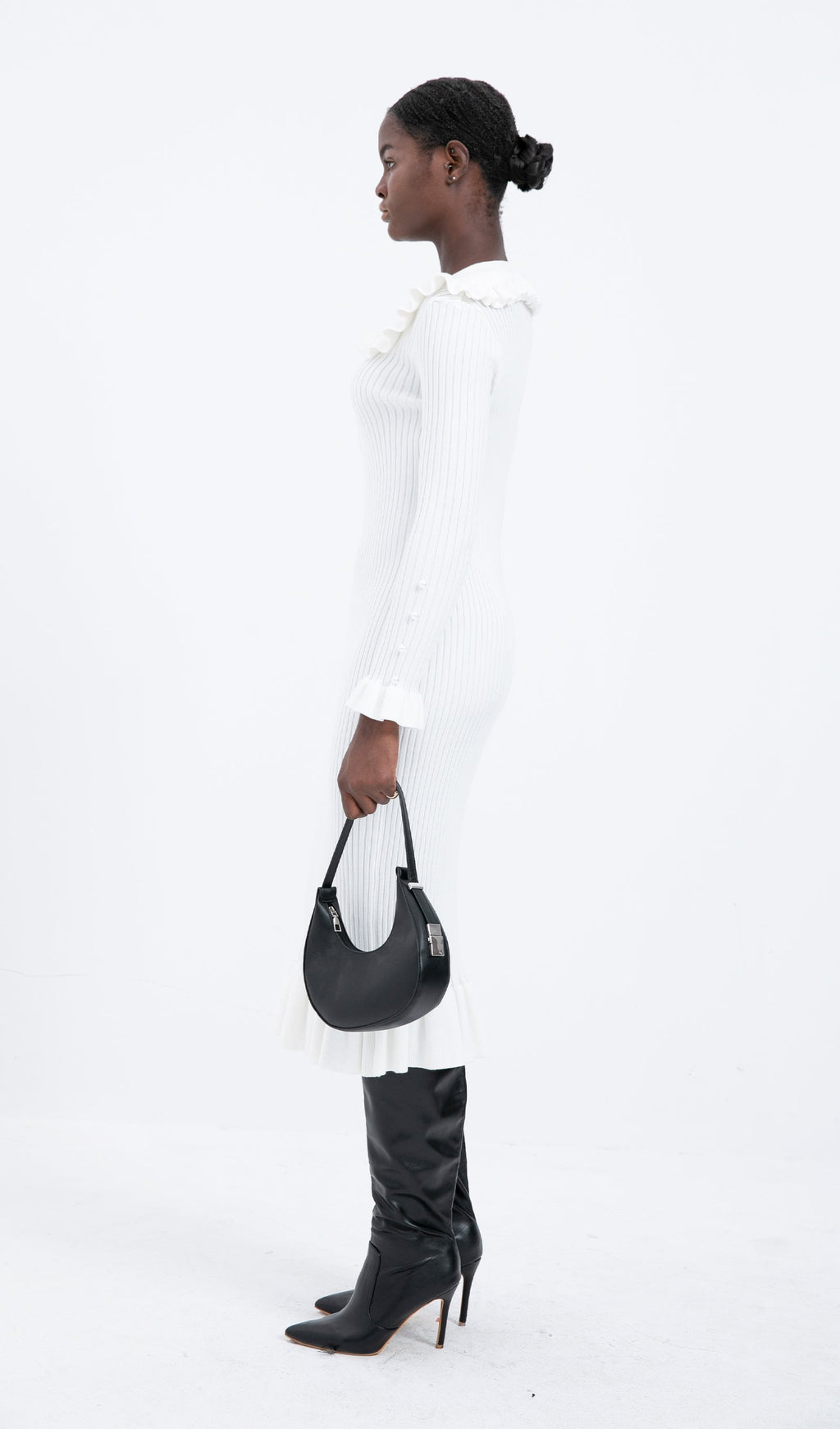 Trendy Örme Volanlı Midi Elbise - Beyaz