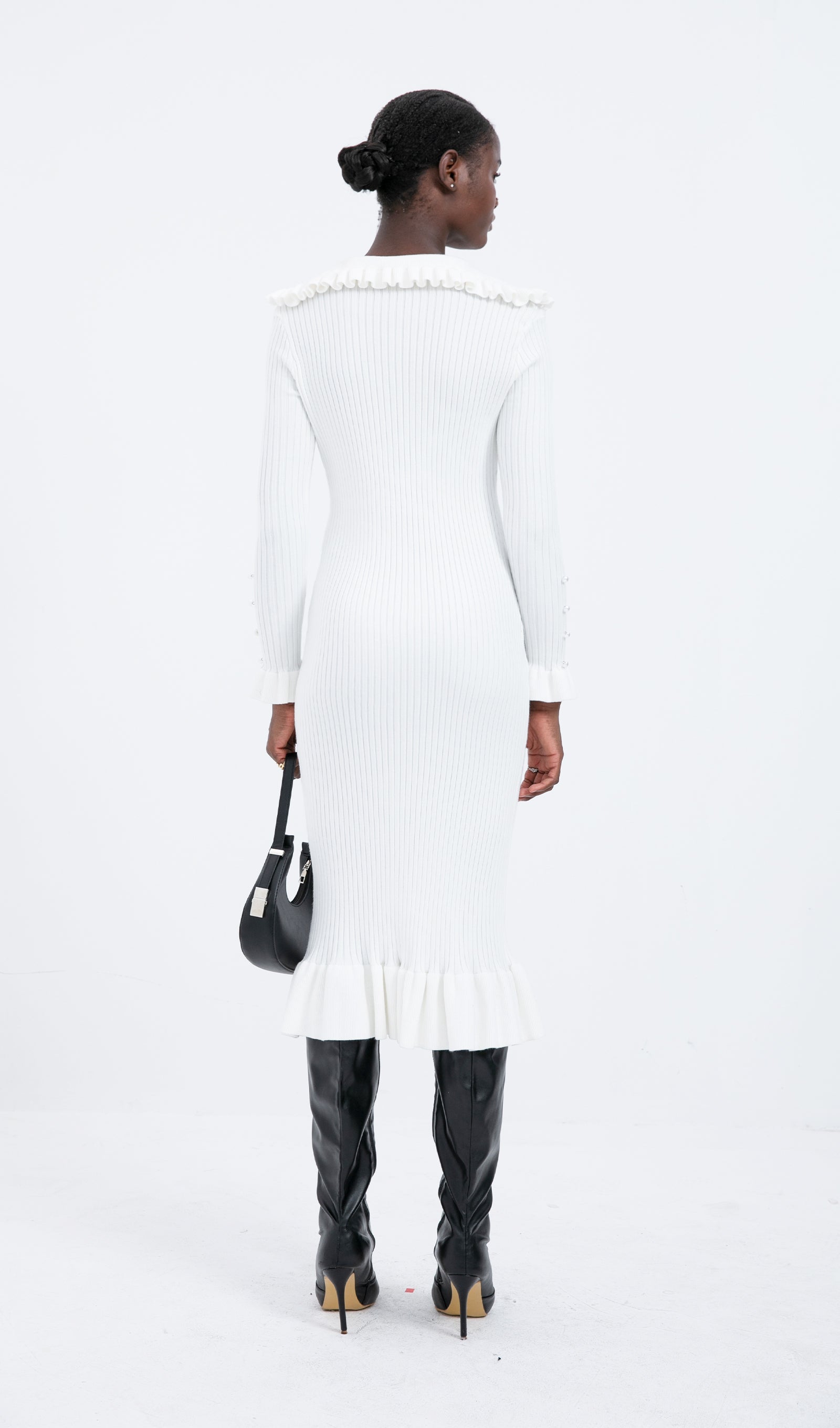 Trendy Örme Volanlı Midi Elbise - Beyaz